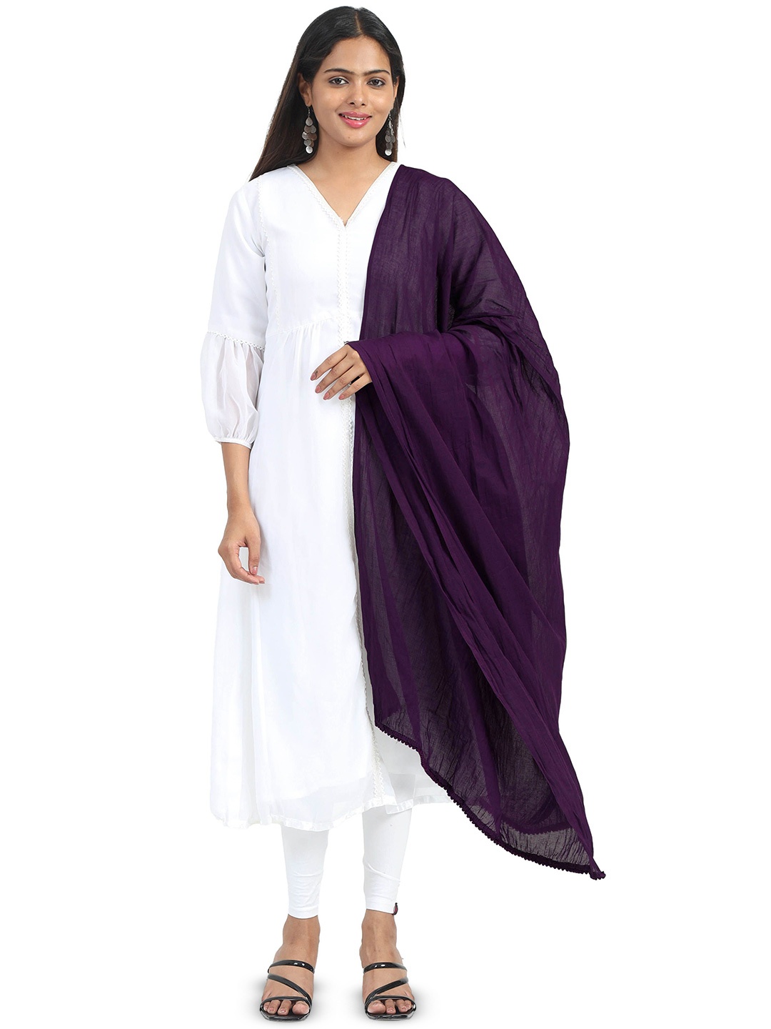 

MIRAAN Cotton Dupatta with PomPom Border, Purple