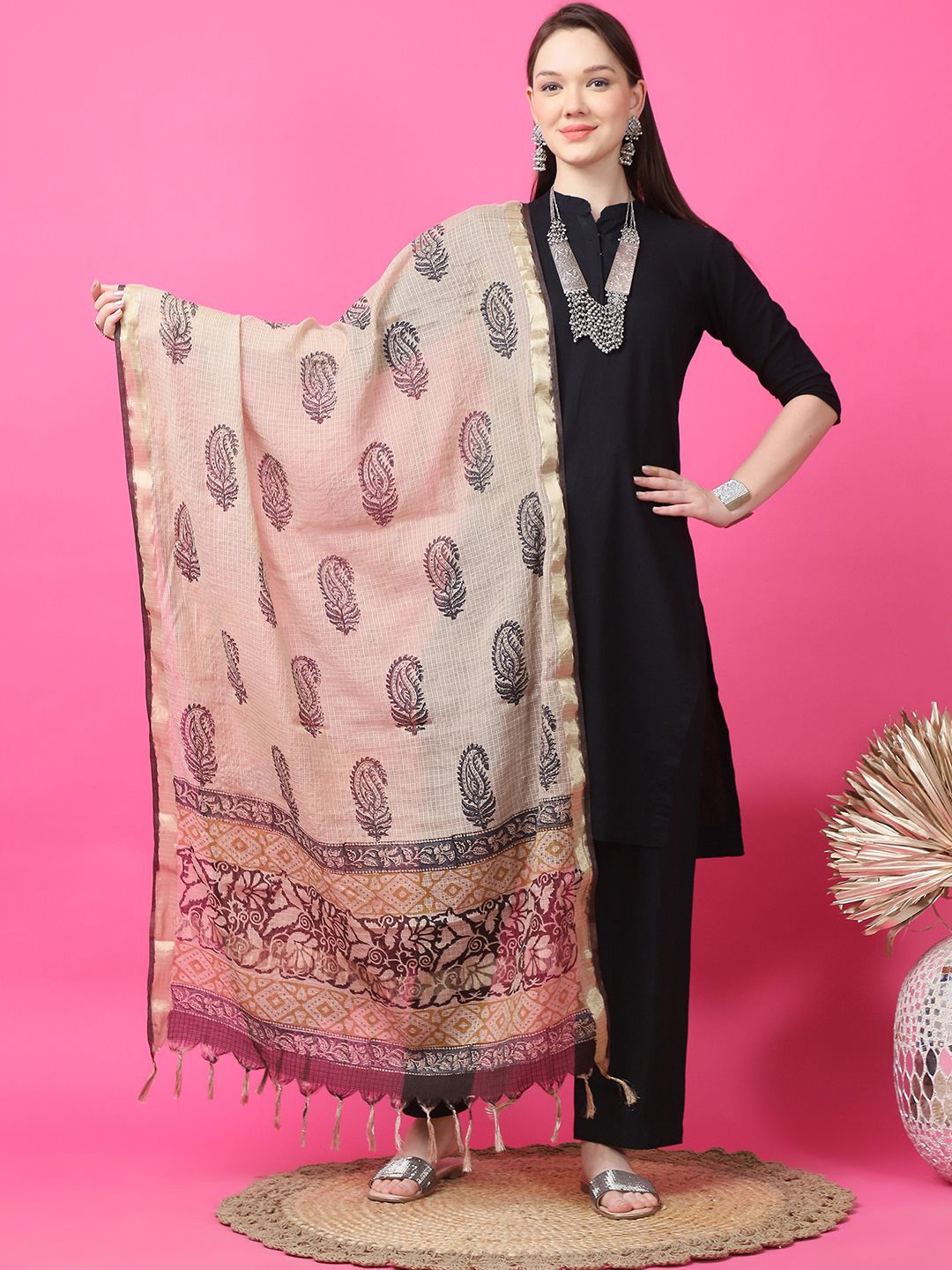 

LOOM LEGACY Ethnic Motifs Printed Dupatta, Gold