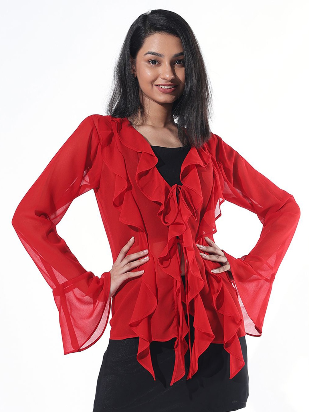 

DEPANO Bell Sleeve Georgette Cinched Waist Top, Red