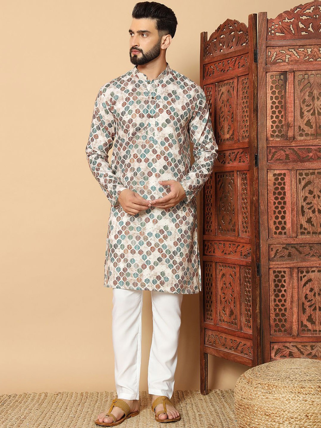 

FoxDX Floral Printed Mandarin Collar Pure Cotton Straight Kurta, Coffee brown