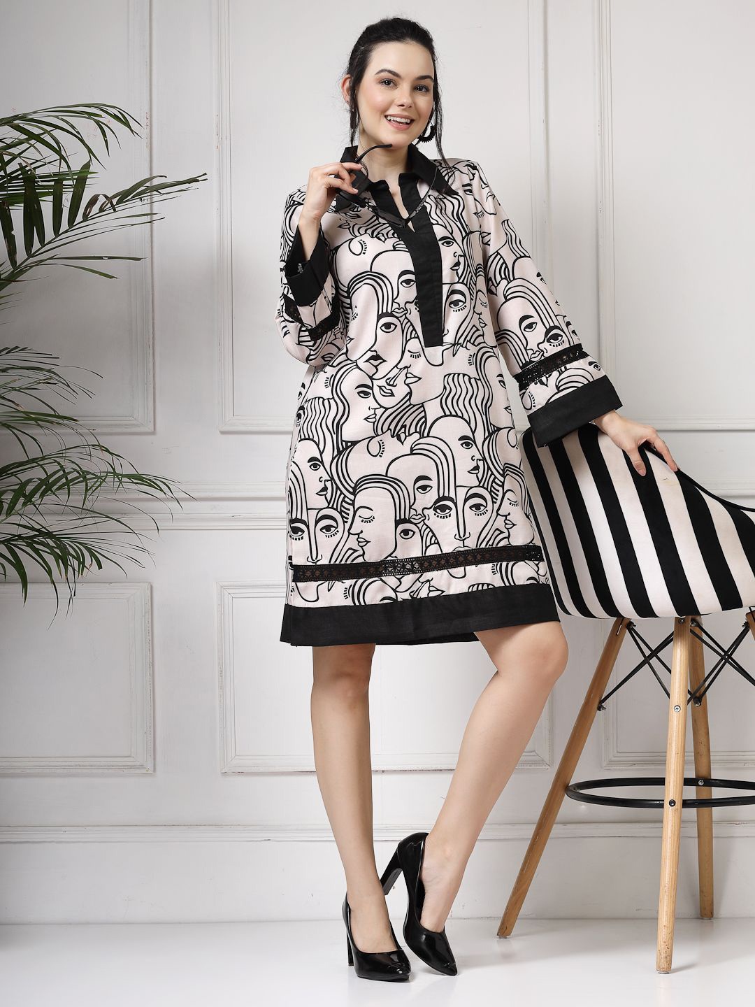 

Get Glamr Ethnic Motifs Print Bell Sleeve Linen A-Line Dress, Beige