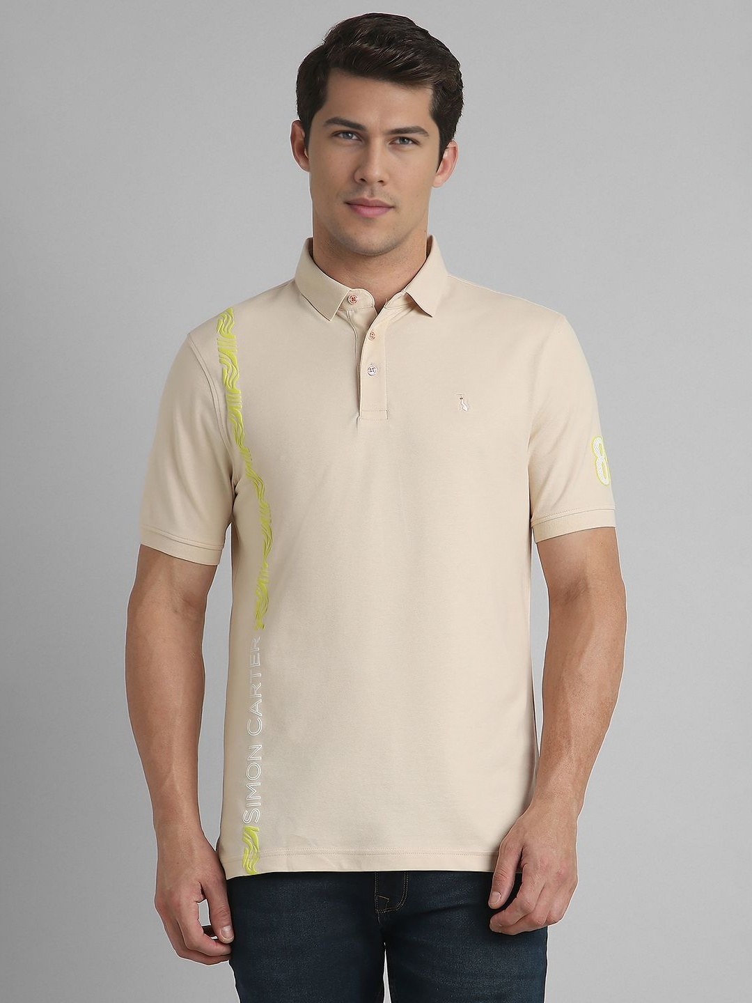 

SIMON CARTER LONDON Men Polo Collar Pockets Slim Fit T-shirt, Beige