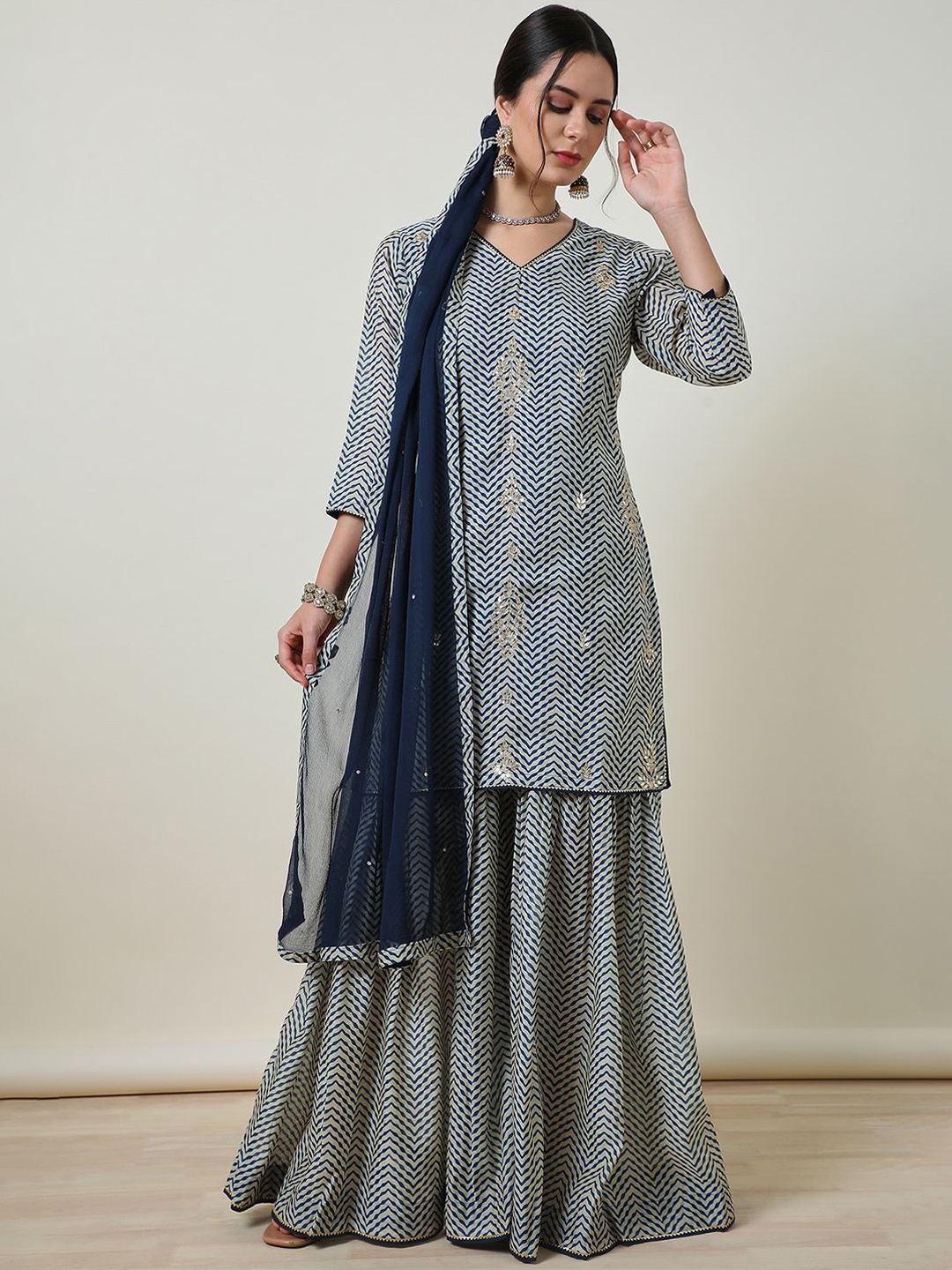 

Soch Women Printed Regular Gotta Patti Chanderi Silk Kurta with Sharara & With Dupatta, Blue