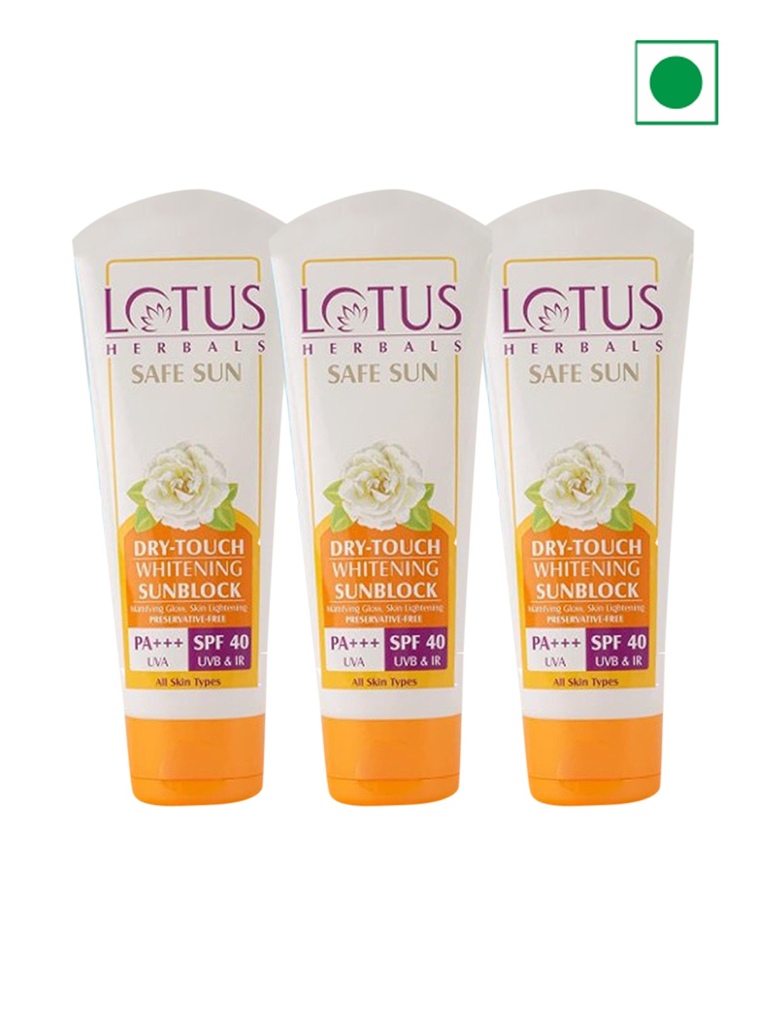 

Lotus Herbals Safe Sun Set Of 3 Dry Touch Whitening SPF 40 Sunscreen - 100g each, Orange