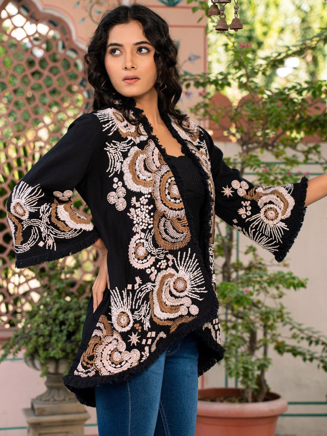 

Zolo Label Women Floral Printed Shawl Collar Jacket, Black