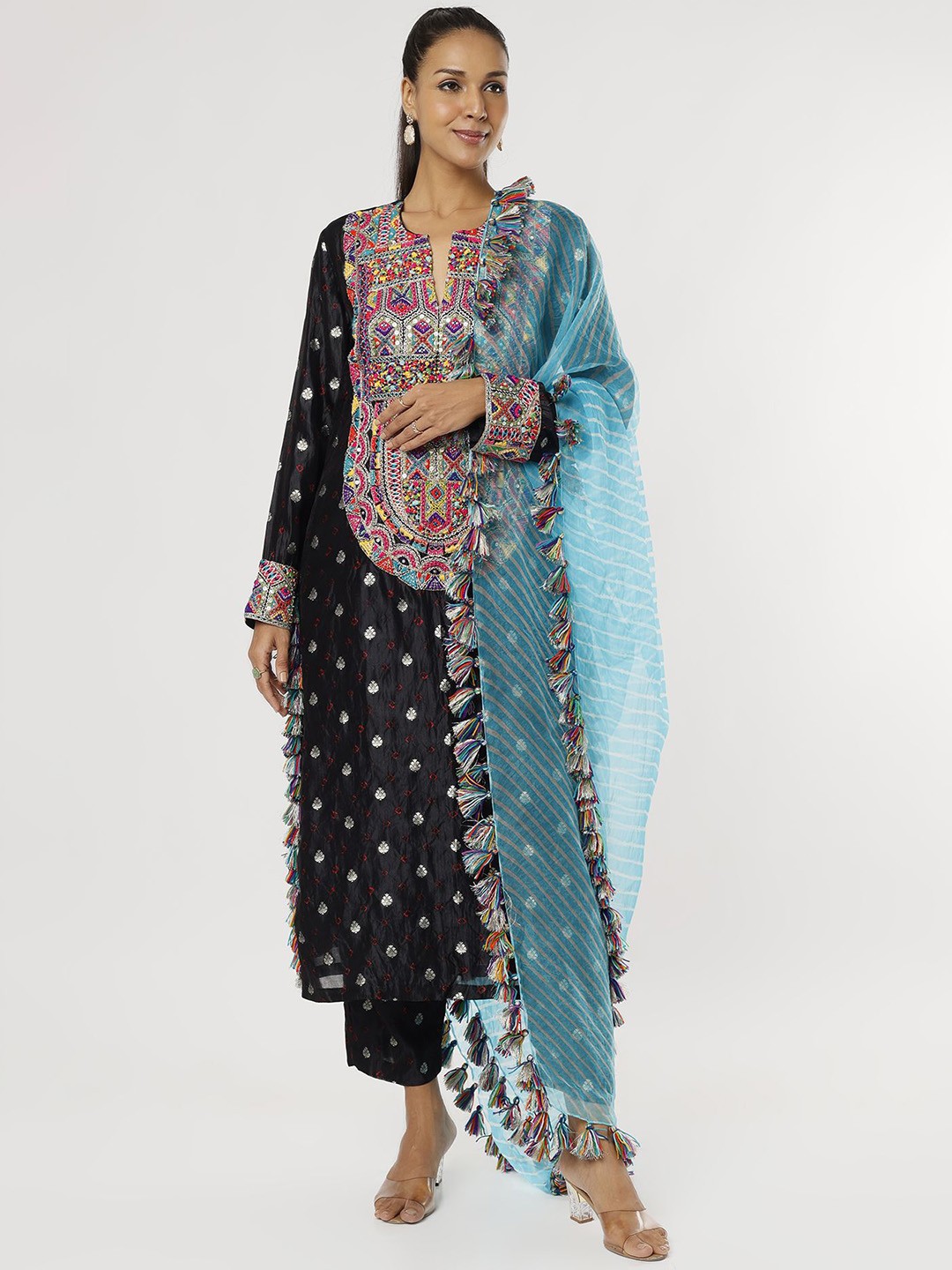 

Payal Singhal Ethnic Motifs Embroidered Notch Neck Straight Kurta with Trousers & Dupatta, Black
