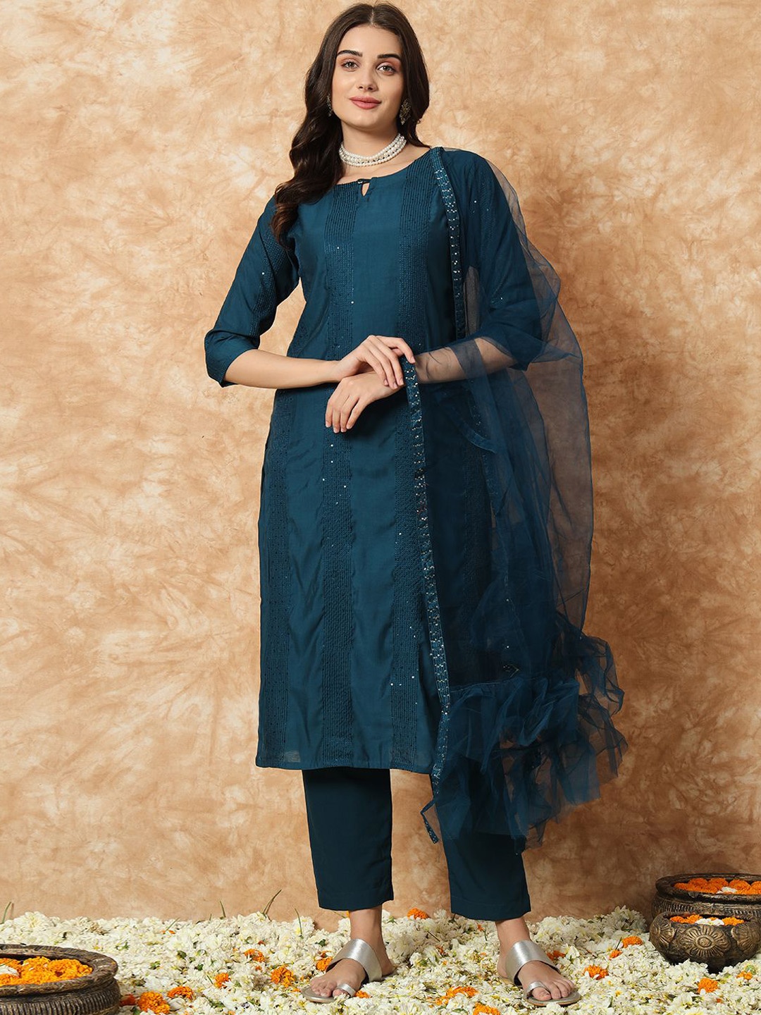 

Ethnic Yard Striped Keyhole Neck Sequined Straight Kurta with Trousers & Dupatta, Turquoise blue
