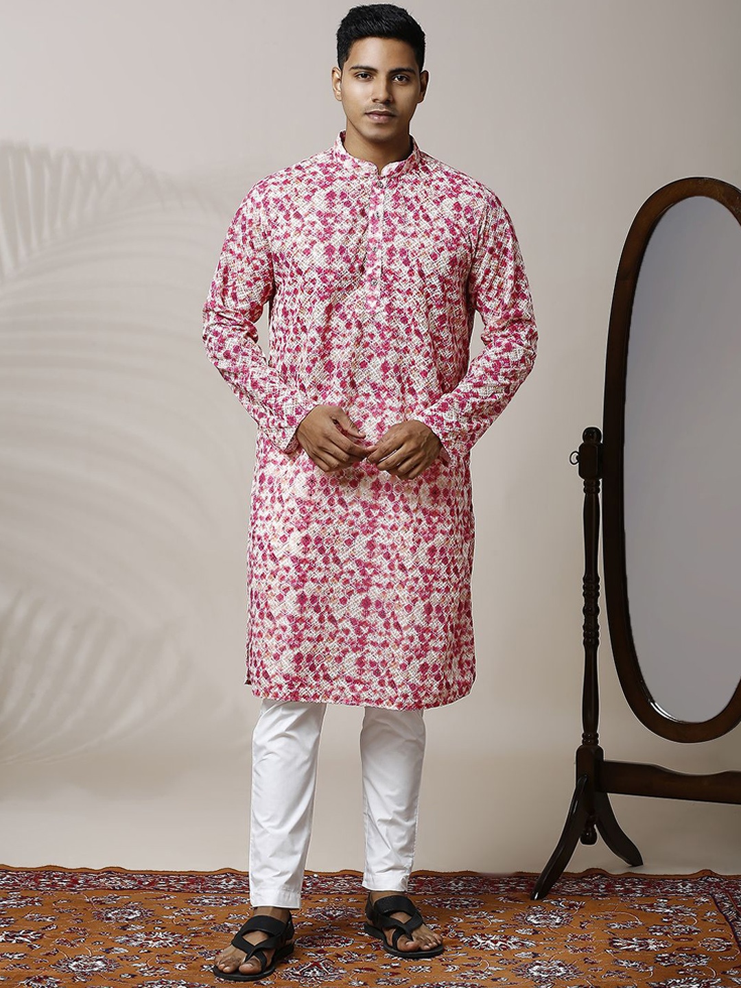

Be Desi Tie & Dyed Thread Work Mandarin Collar Straight Kurta with Pyjamas, Pink