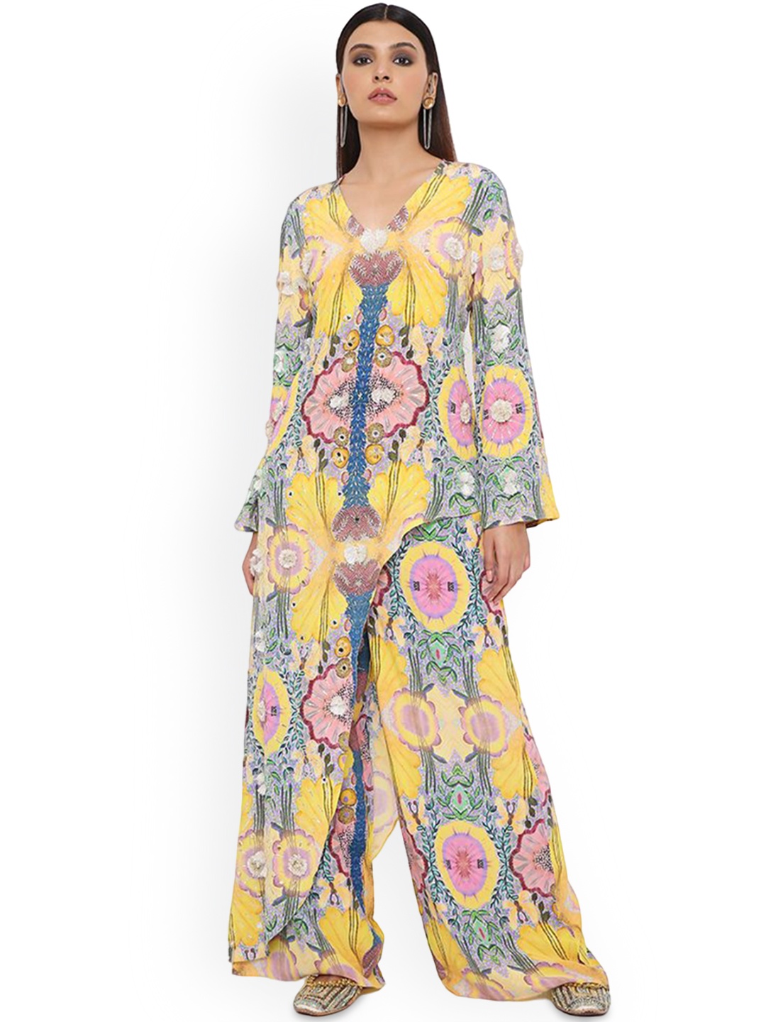 

Payal Singhal Floral Printed V-Neck Asymmetric Kurta with Palazzos, Yellow