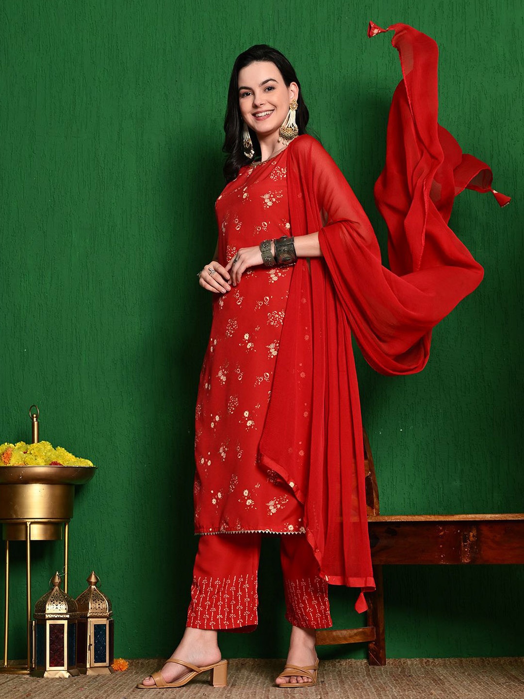 

Sangria Floral Printed Sequinned Kurta with Trousers & Dupatta, Red