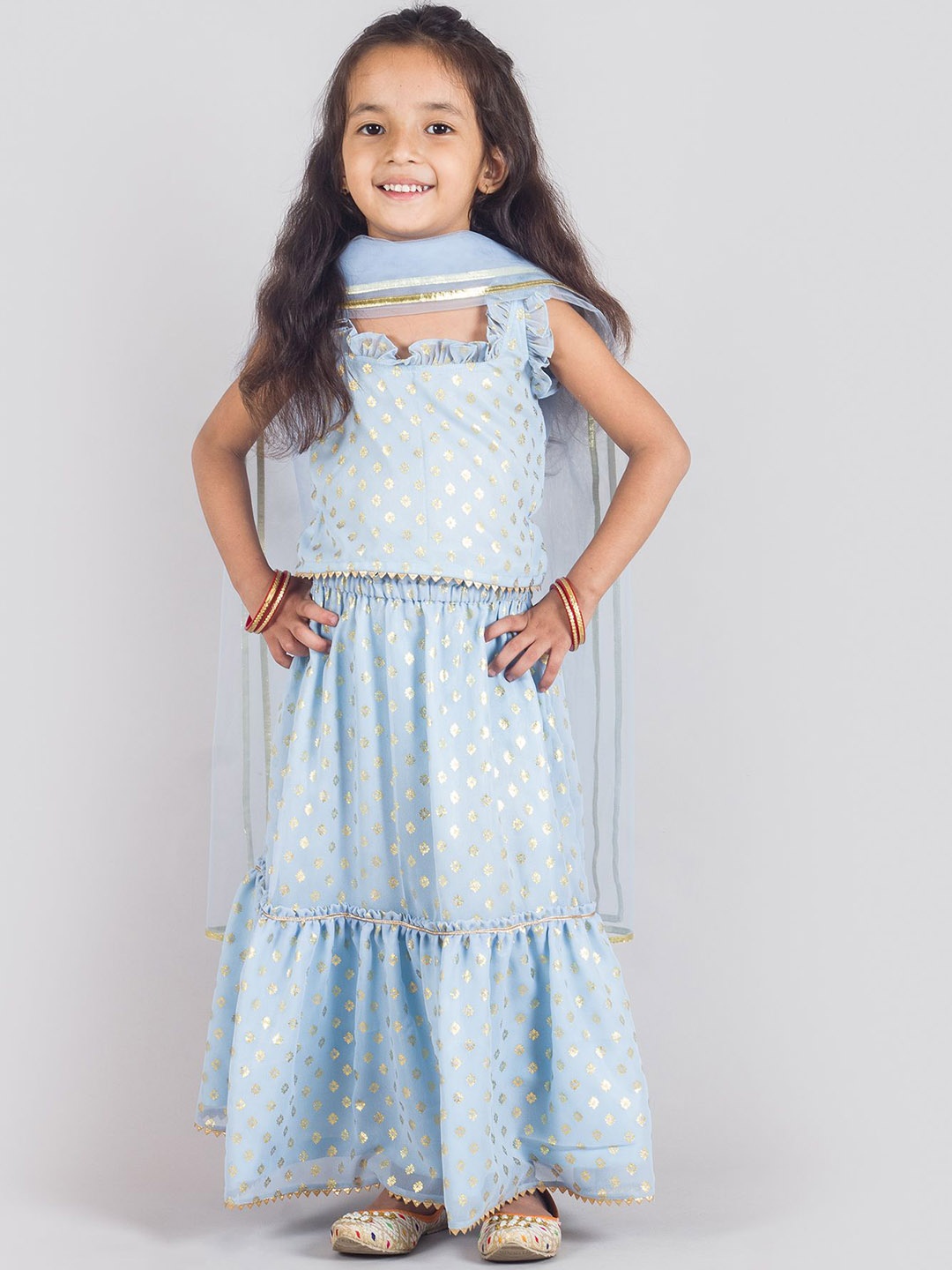 

Tangerine Closet Girls Printed Square Neck Peplum Top With Sharara & Dupatta, Blue