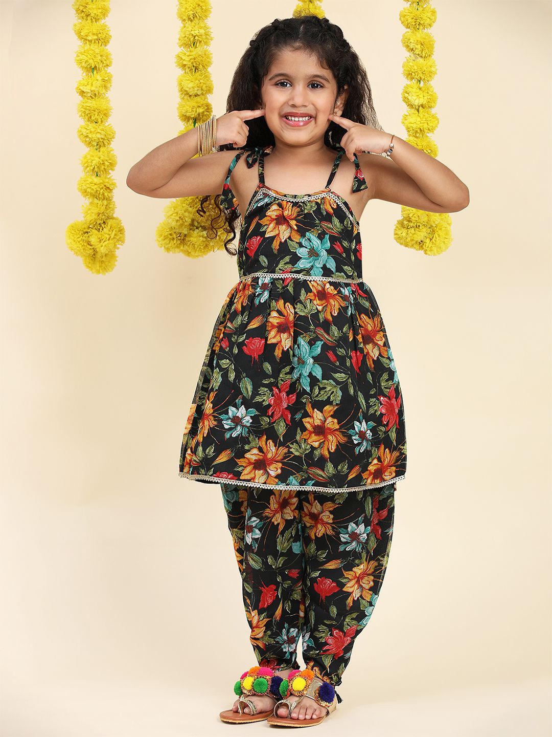 

Cutiekins Girls Floral Printed A-Line Georgette Kurta with Dhoti Pants, Black