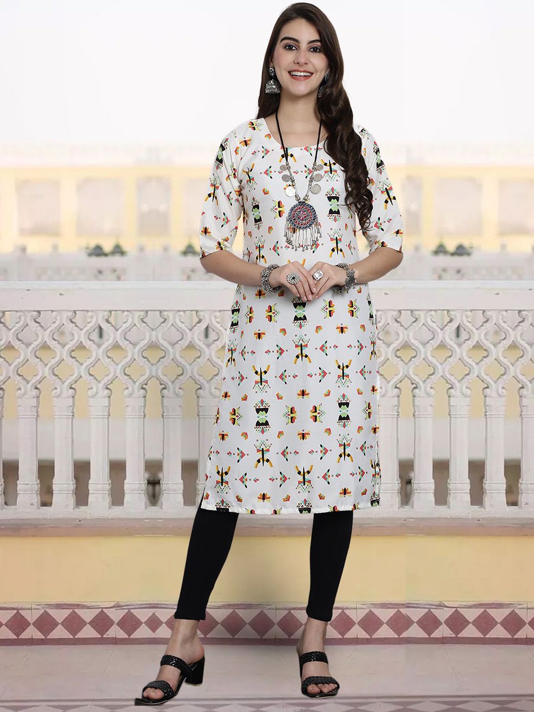 

7Threads Ethnic Motifs Printed Straight Kurta, White