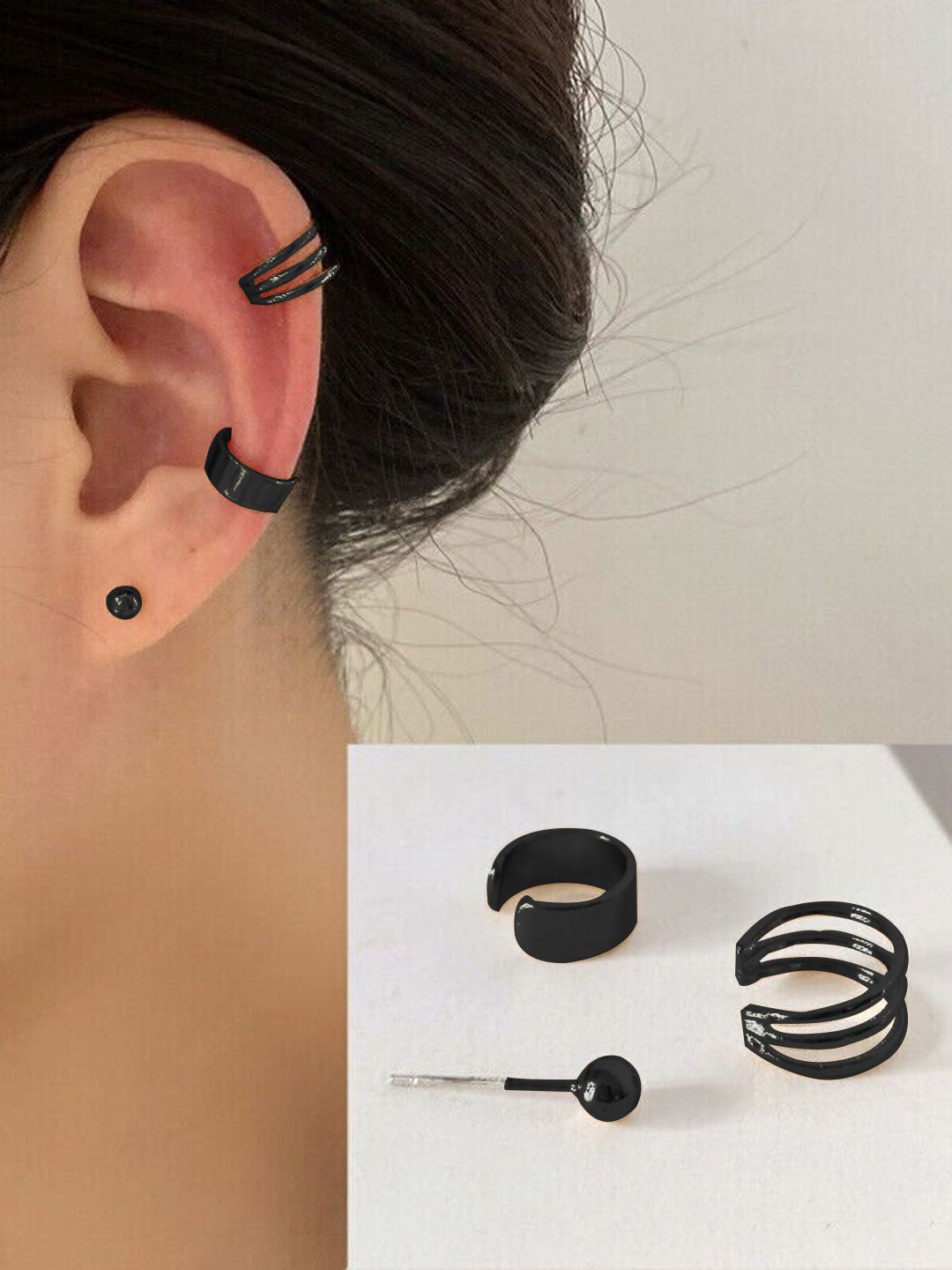 

KRENOZ 3 Pieces Classic Brass Oxidised Stud & Ear Cuff Earring, Black