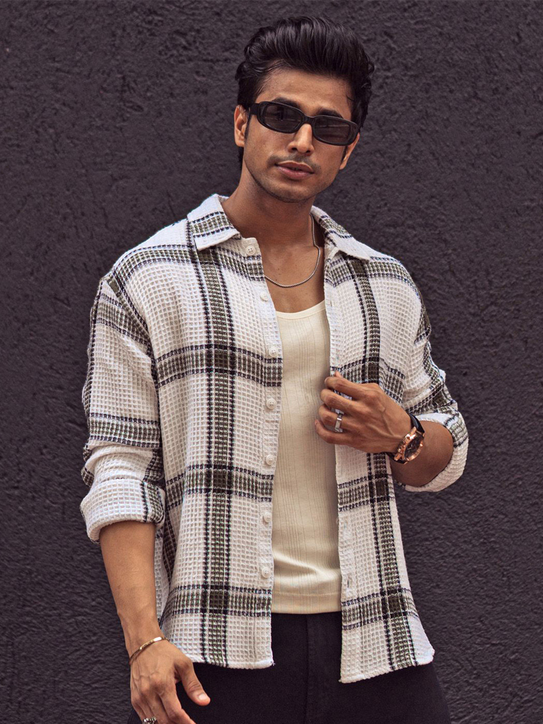 

Powerlook Men Checked Spread Collar India Slim Casual Shirt, Olive