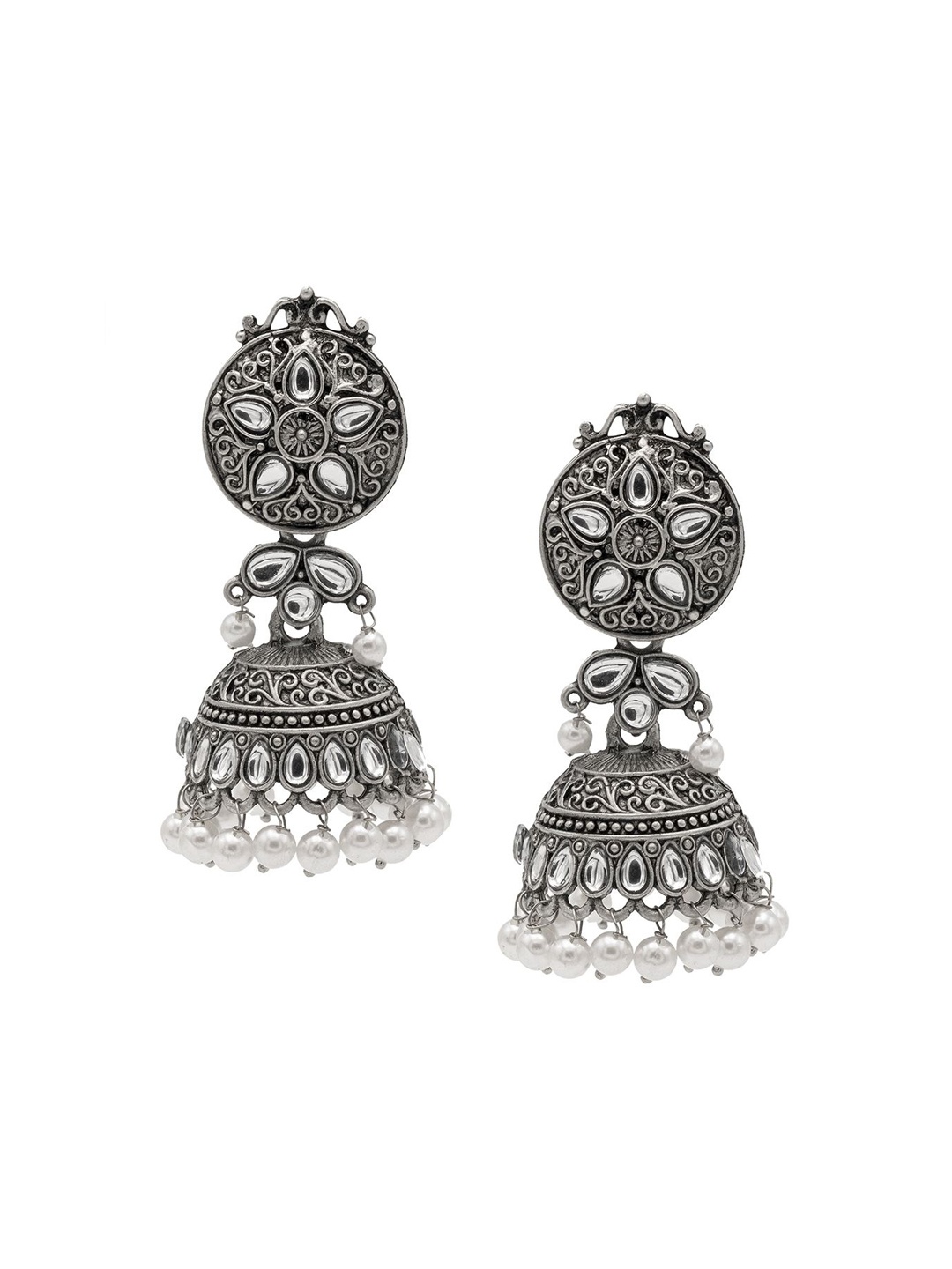 

Shining Jewel - By Shivansh Matte Silver Plated Oxidised Crystal & Beaded Jhumkas