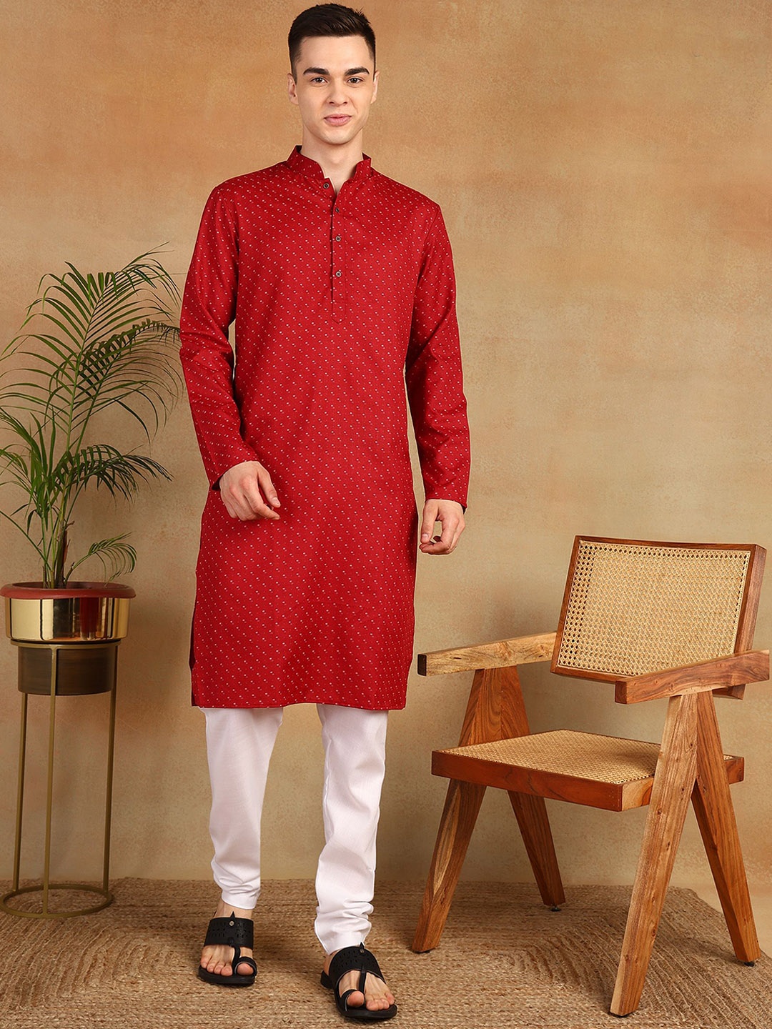 

Anouk Red Geometric Printed Mandarin Collar Straight Kurta