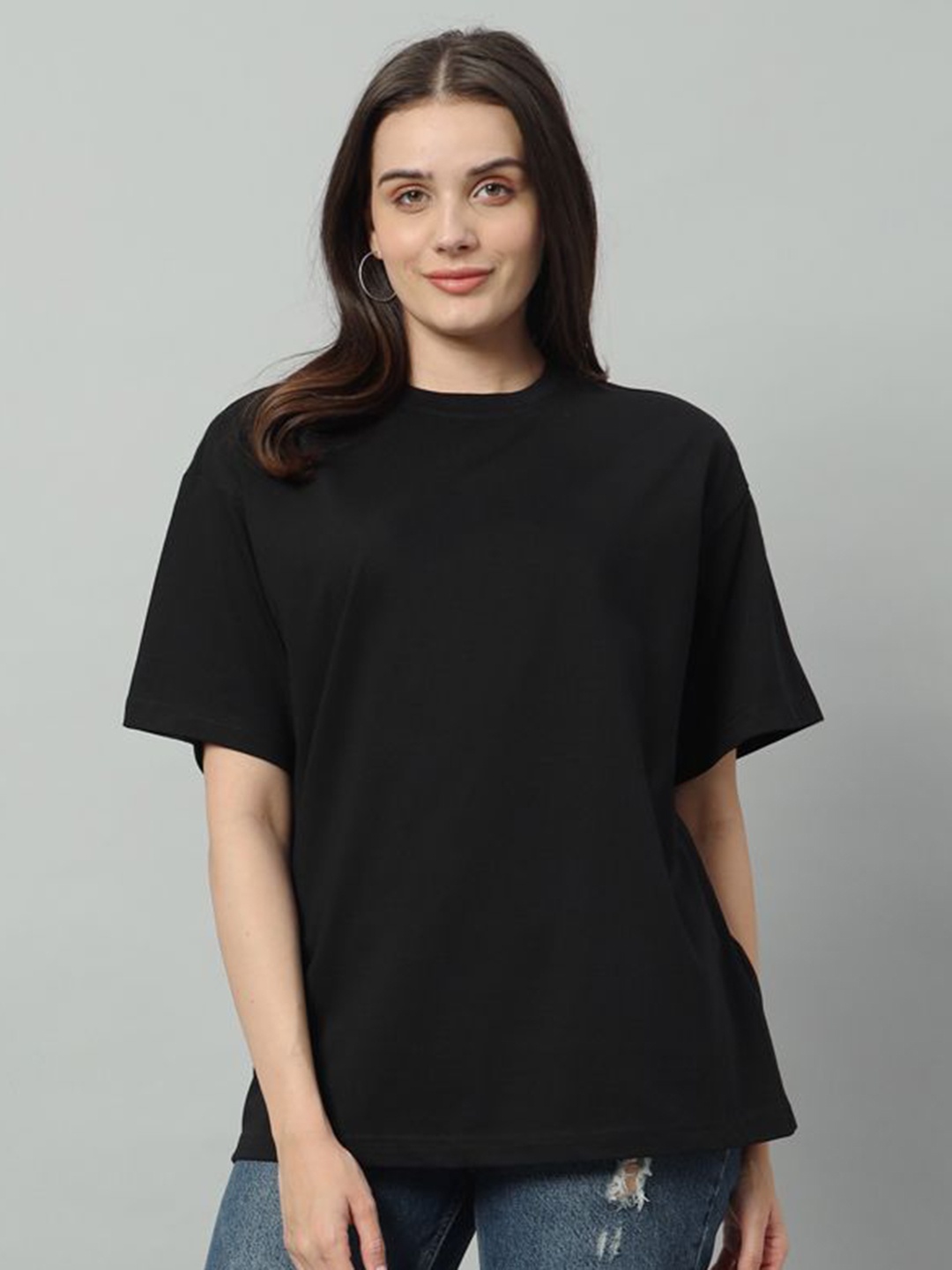 

SWAGNOX Women Solid Round Neck Cotton Oversized T-Shirt, Black