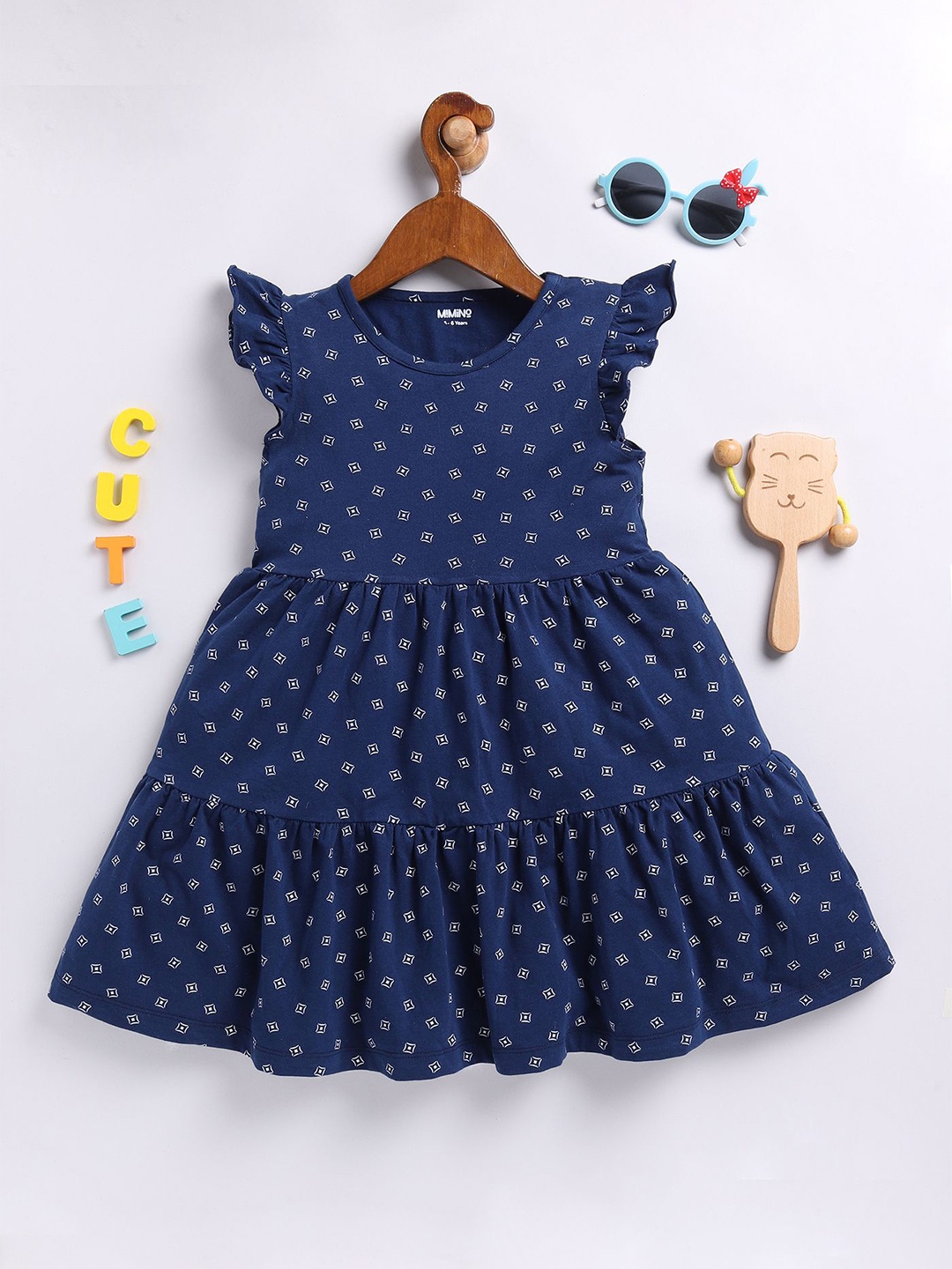 

MIMINO Polka Dot Print Flutter Sleeve Fit & Flare Dress, Navy blue