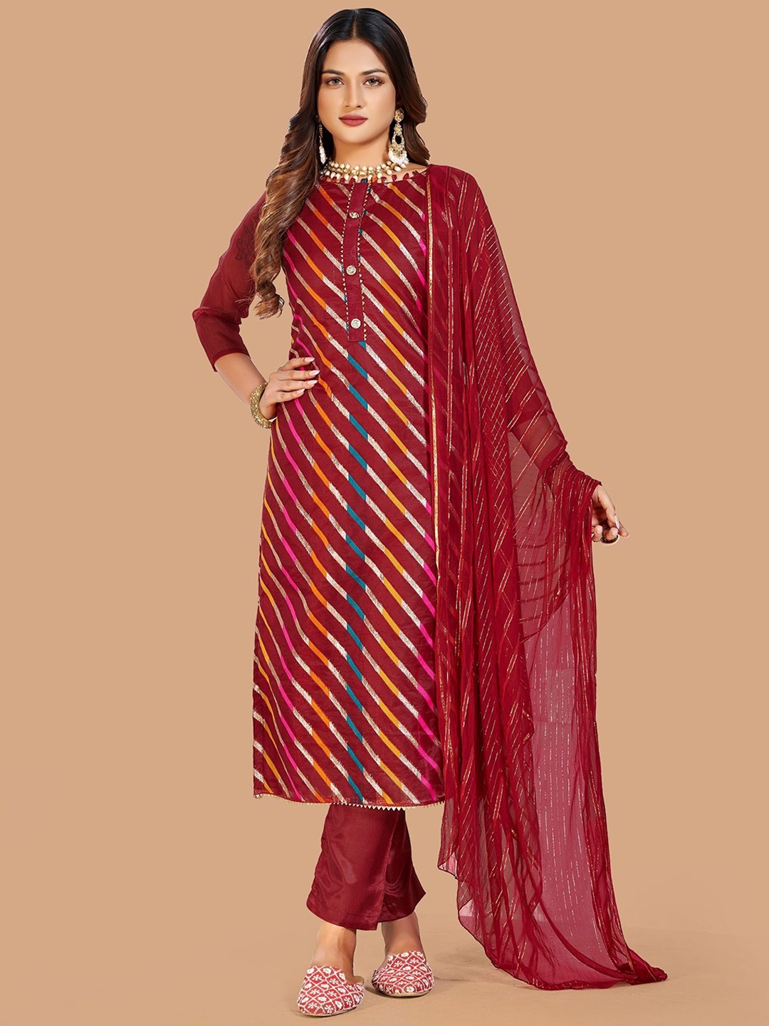 

LADY SHOPI Striped Unstitched Dress Material, Maroon