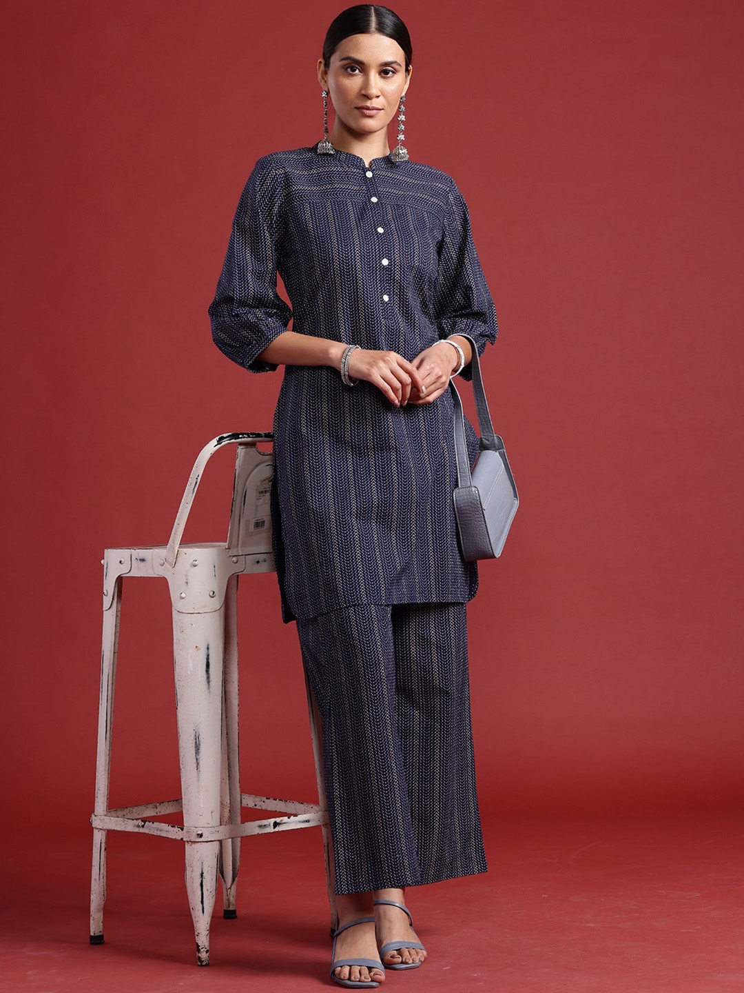 

Anouk Women Printed Regular Pure Cotton Kurti with Palazzos, Navy blue