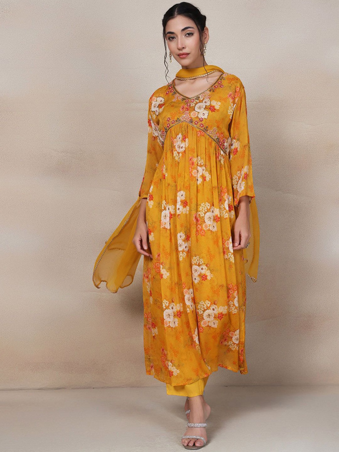 

Rang by Indya Women Floral Printed Angrakha Kurta with Trousers & With Dupatta, Yellow