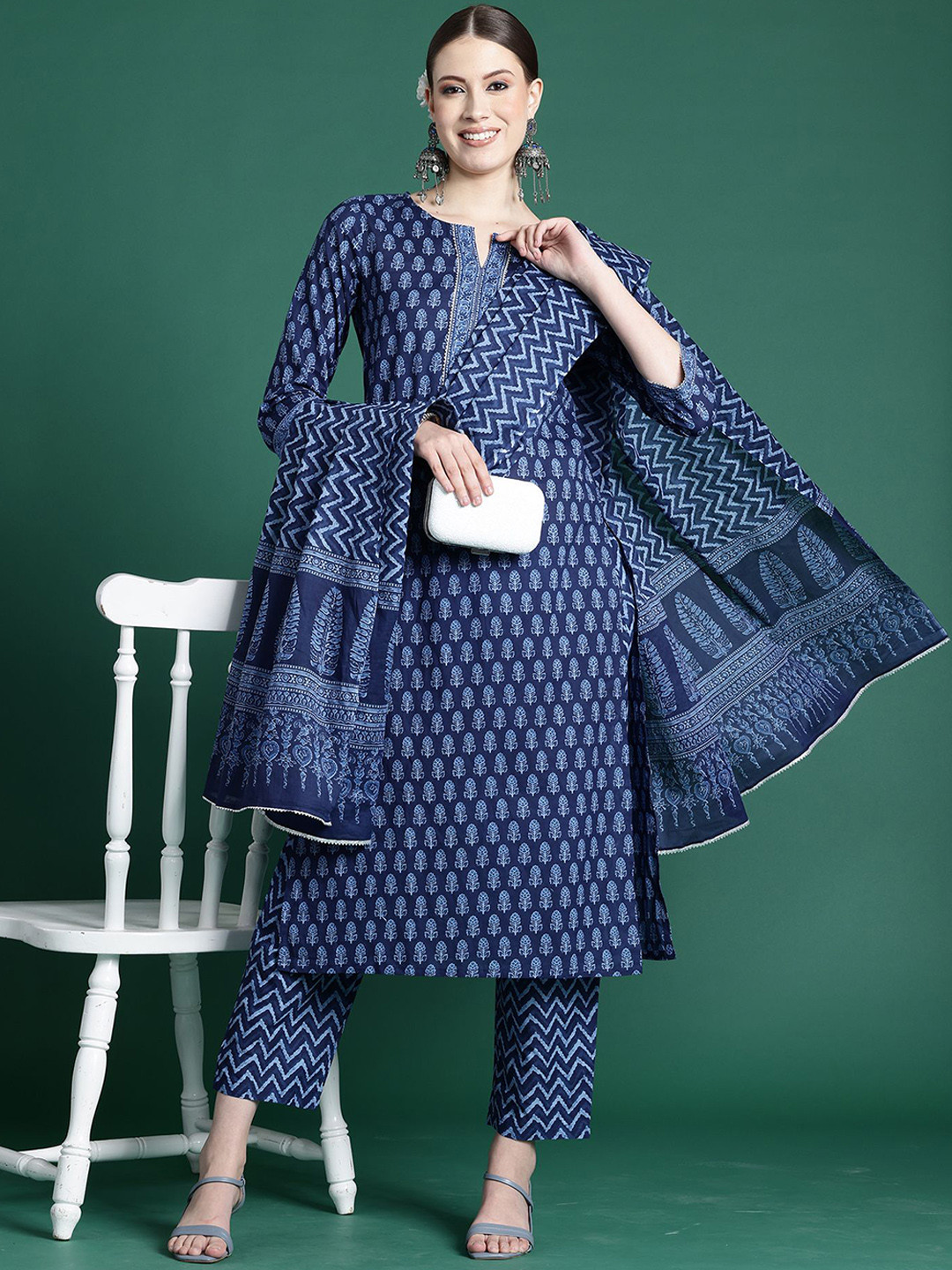 

Anouk Women Ethnic Motifs Printed Regular Gotta Patti Pure Cotton Kurta with Trousers & With Dupatta, Blue