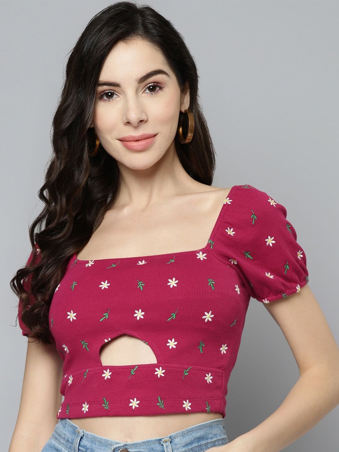 

KRICKEE Women Floral Printed Embroidered Square Neck Cotton Top, Pink