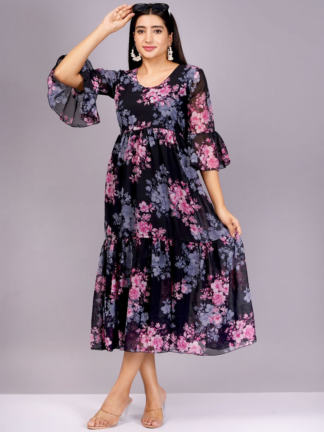 

HIGHLIGHT FASHION EXPORT Floral Print Bell Sleeve Georgette Empire Midi Dress, Pink