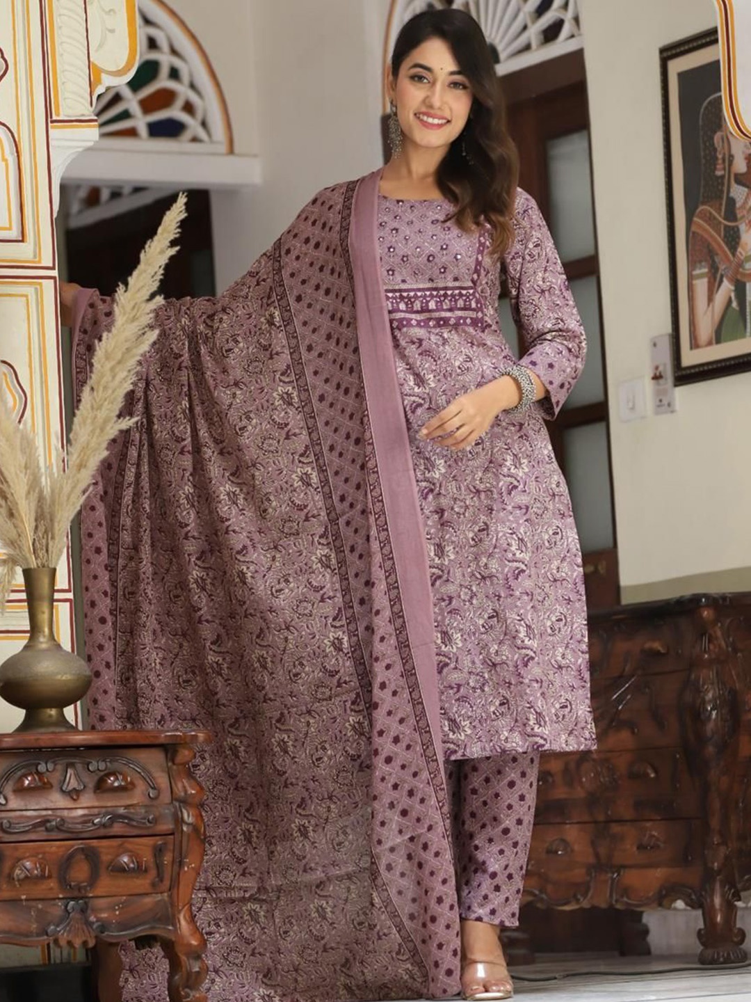 

KALINI Floral Printed Regular Pure Cotton Kurta with Trousers & Dupatta, Burgundy