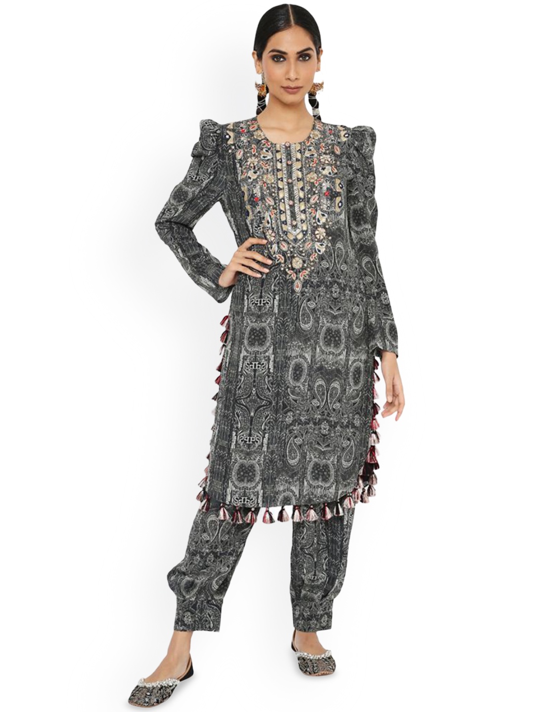 

Payal Singhal Ethnic Motifs Printed Puffed Sleeves Thread Work Regular Kurta With Salwar, Black