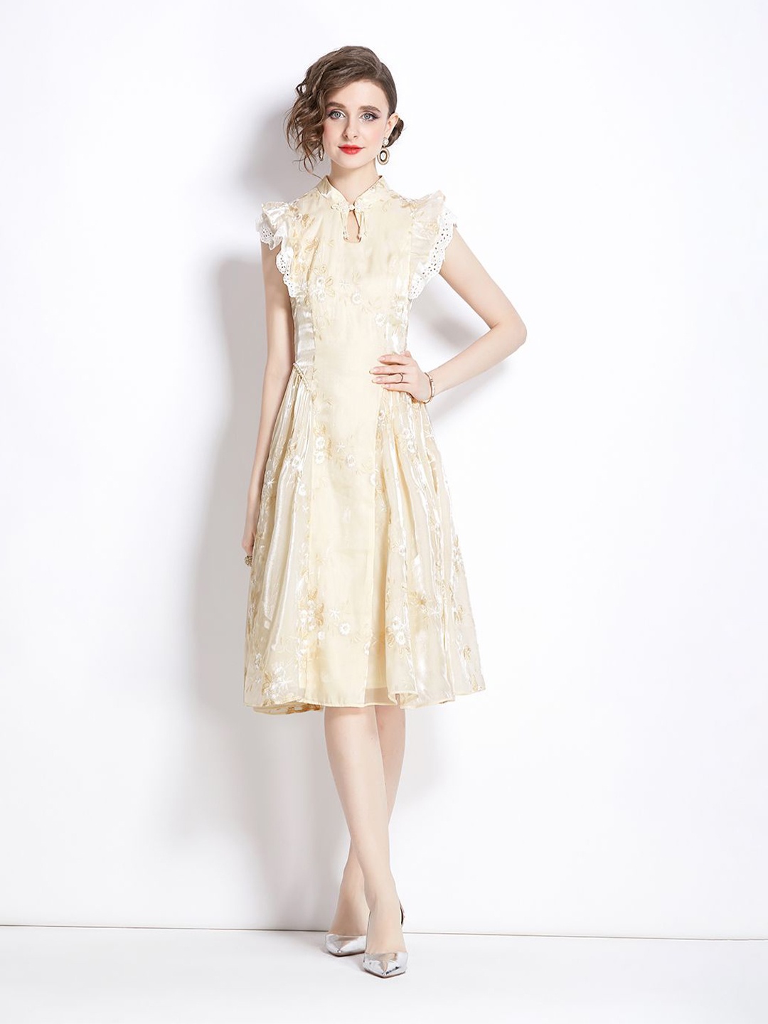 

JC Collection Floral Print Flutter Sleeve Fit & Flare Dress, Beige