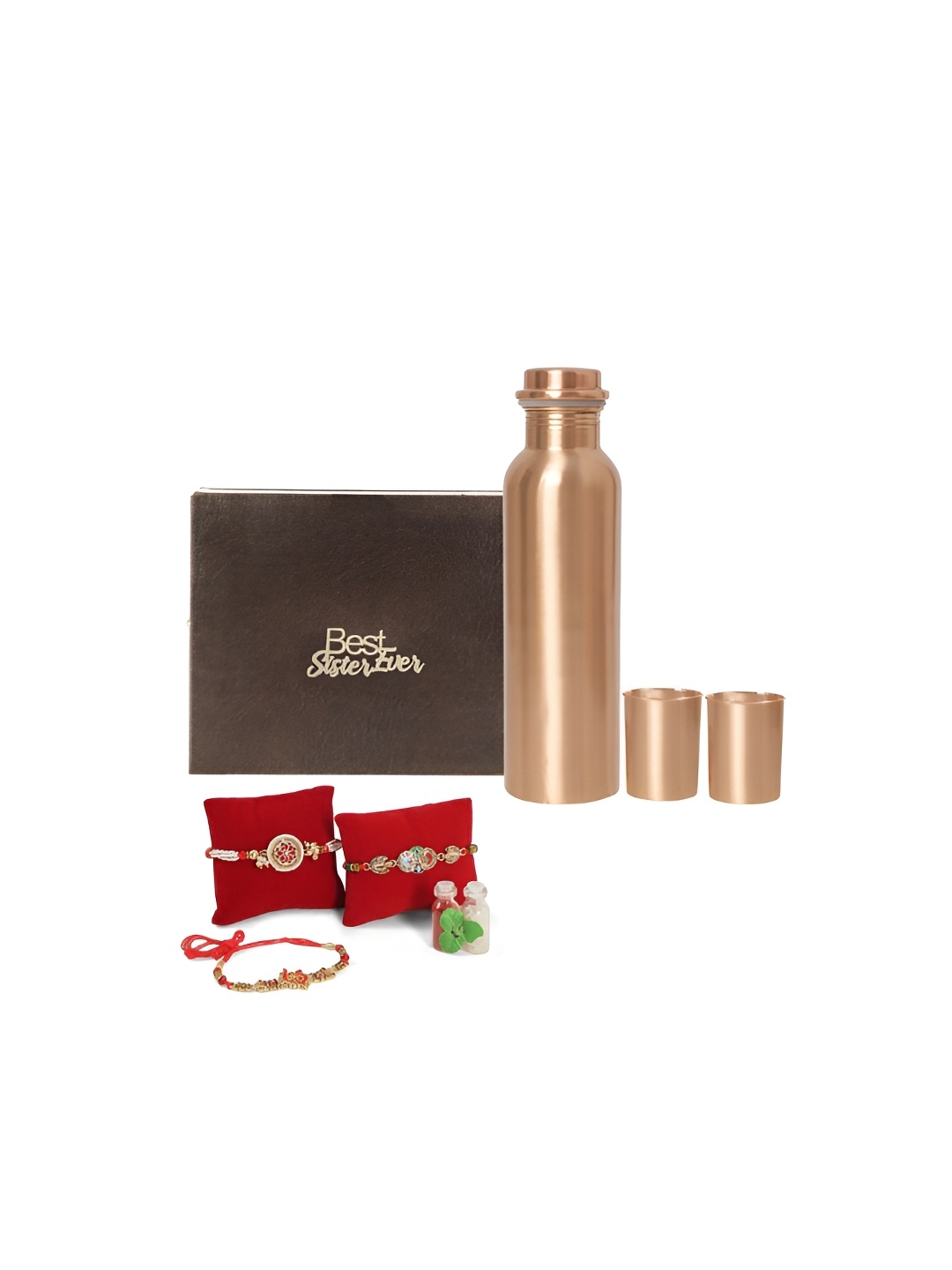 

INTERNATIONAL GIFT Set Of 6 Rakhi With Water Bottle & Glass, Copper