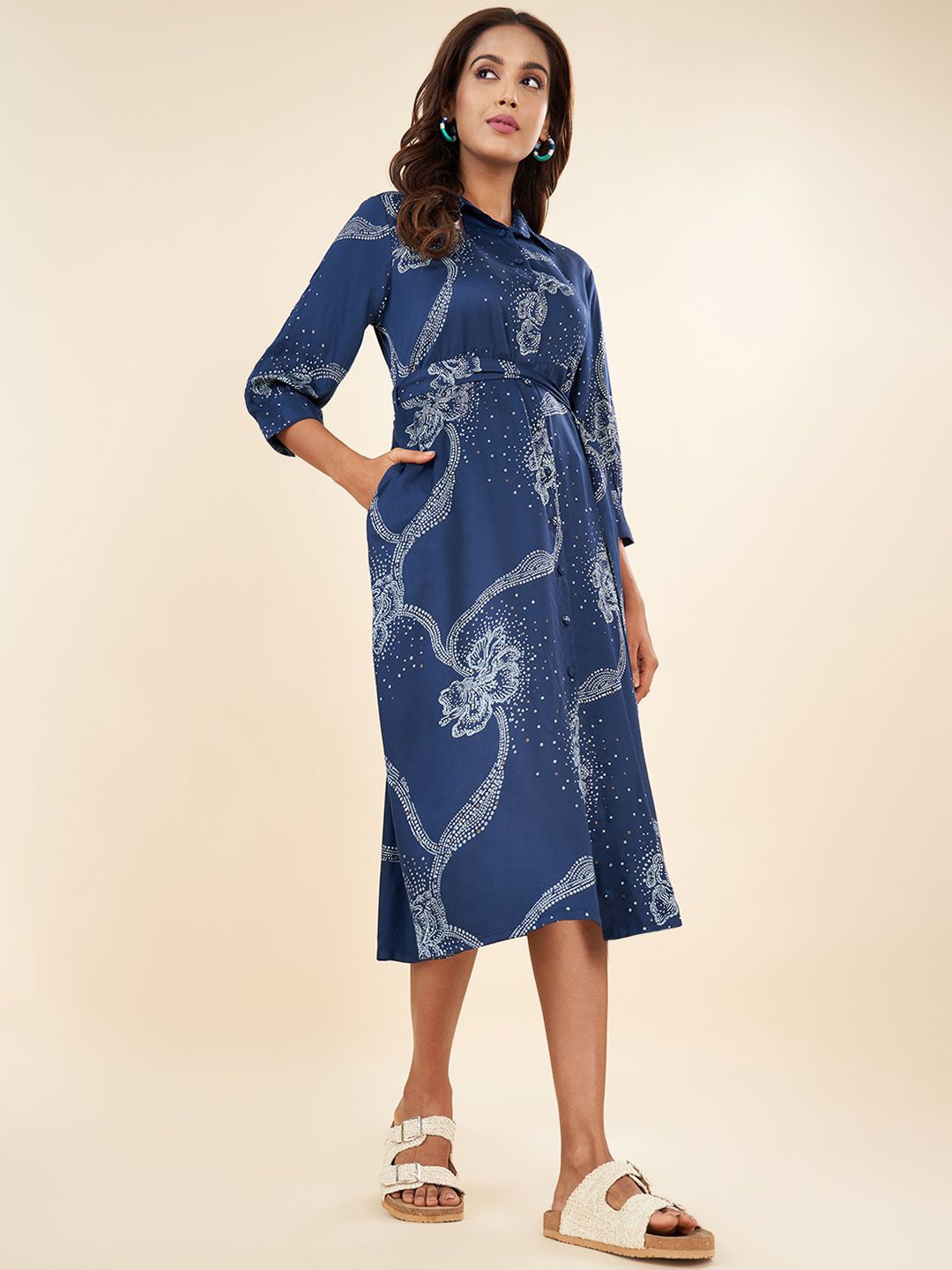 

AKKRITI BY PANTALOONS Abstract A-Line Midi Shirt Dress, Navy blue