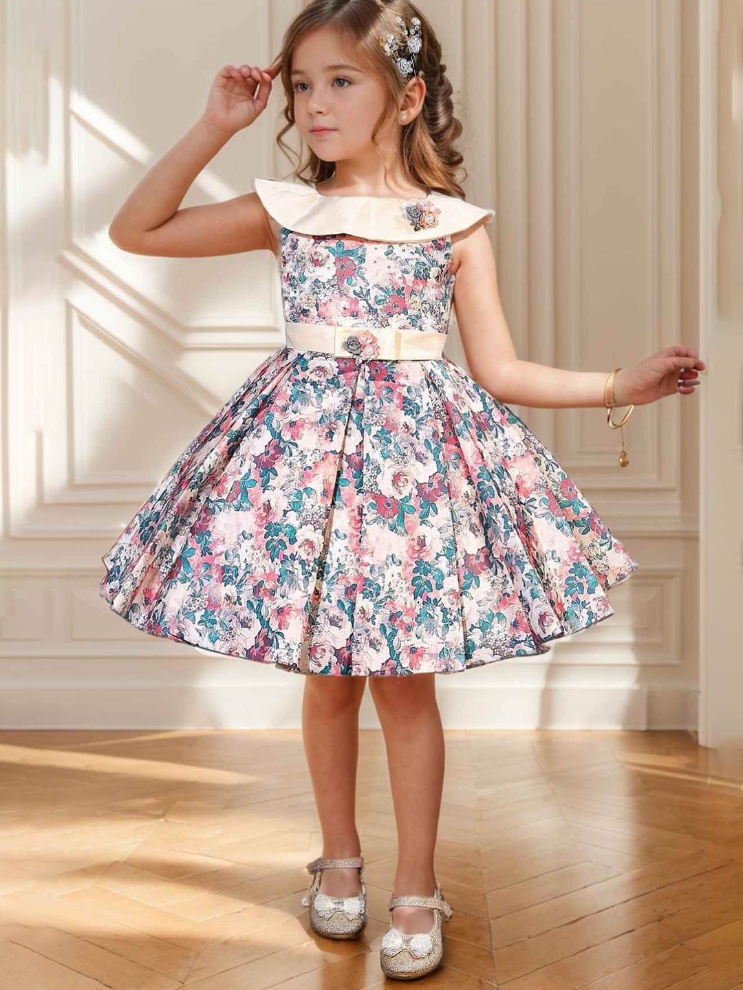 

Lagorii Girls Floral Printed Satin Belted Fit & Flare Dress, Cream