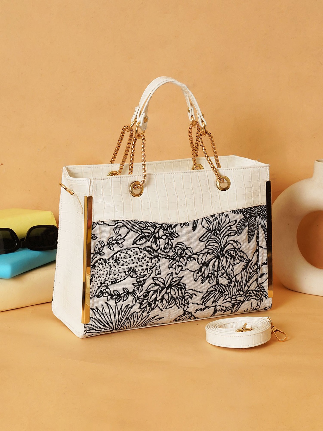 

FABBHUE Oversized Structured Handheld Bag with Cut Work, White