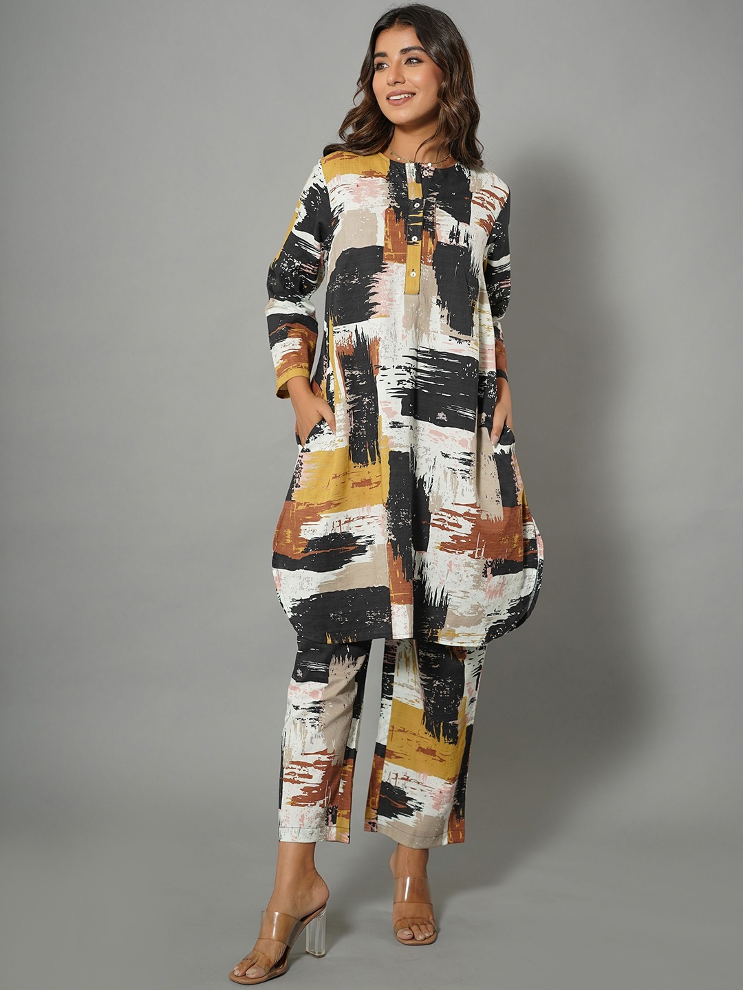 

Zolo Label Abstract Printed Pure Cotton Tunic With Trousers, Black