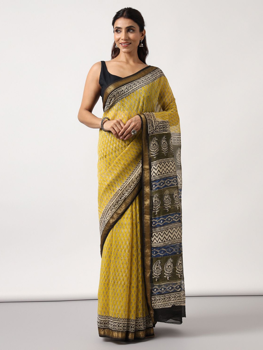 

Moora Ethnic Motifs Zari Pure Cotton Bagru Saree, Yellow