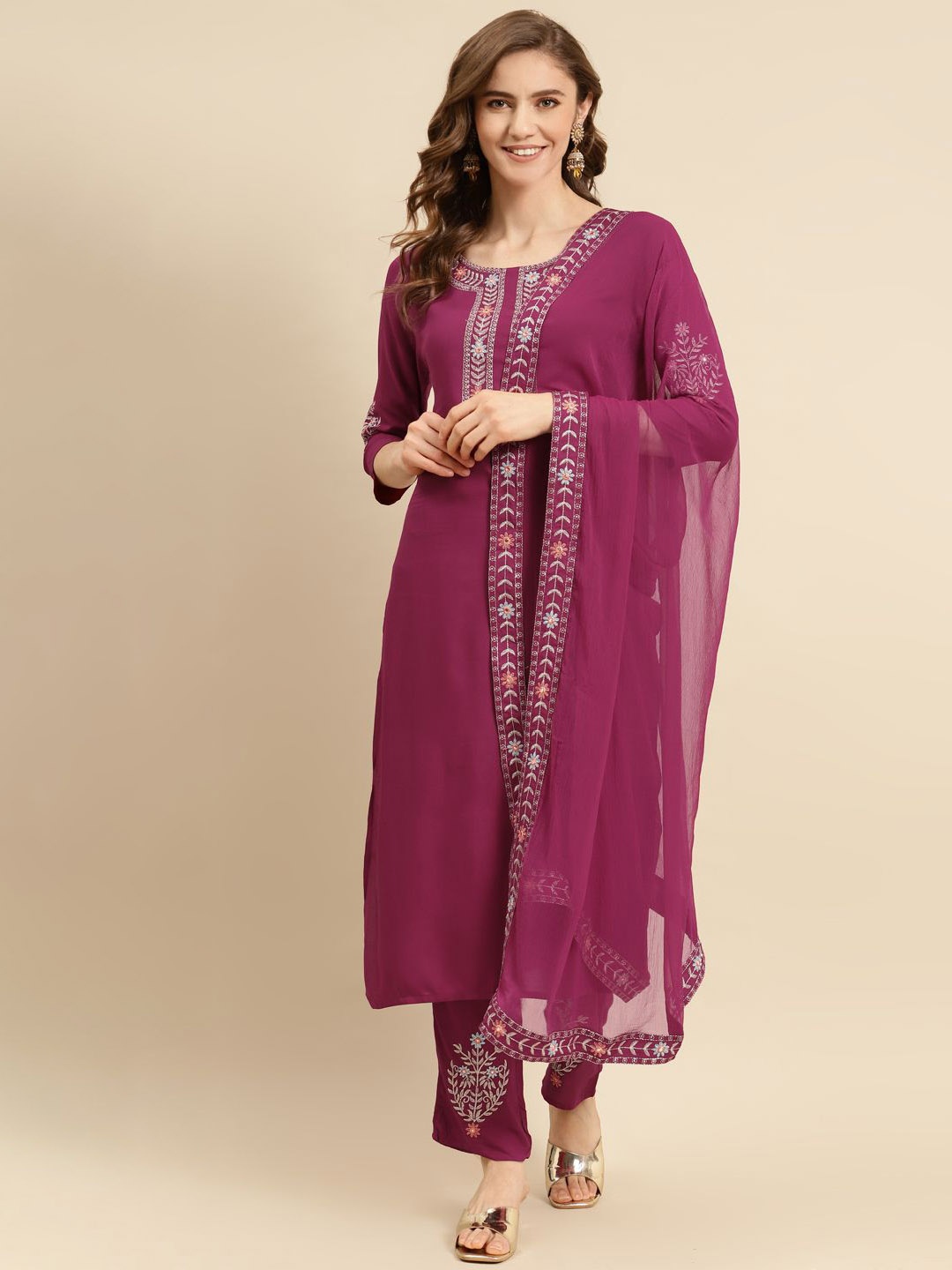 

IndigoFerry Floral Yoke Design Thread Work Straight Kurta with Trousers & Dupatta, Purple