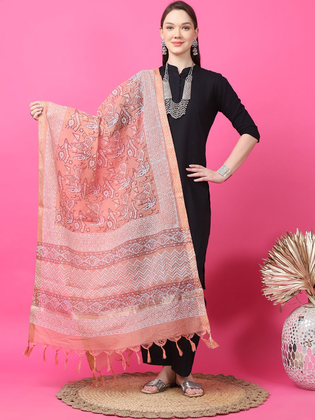 

LOOM LEGACY Ethnic Motifs Printed Cotton Silk Dupatta, Pink
