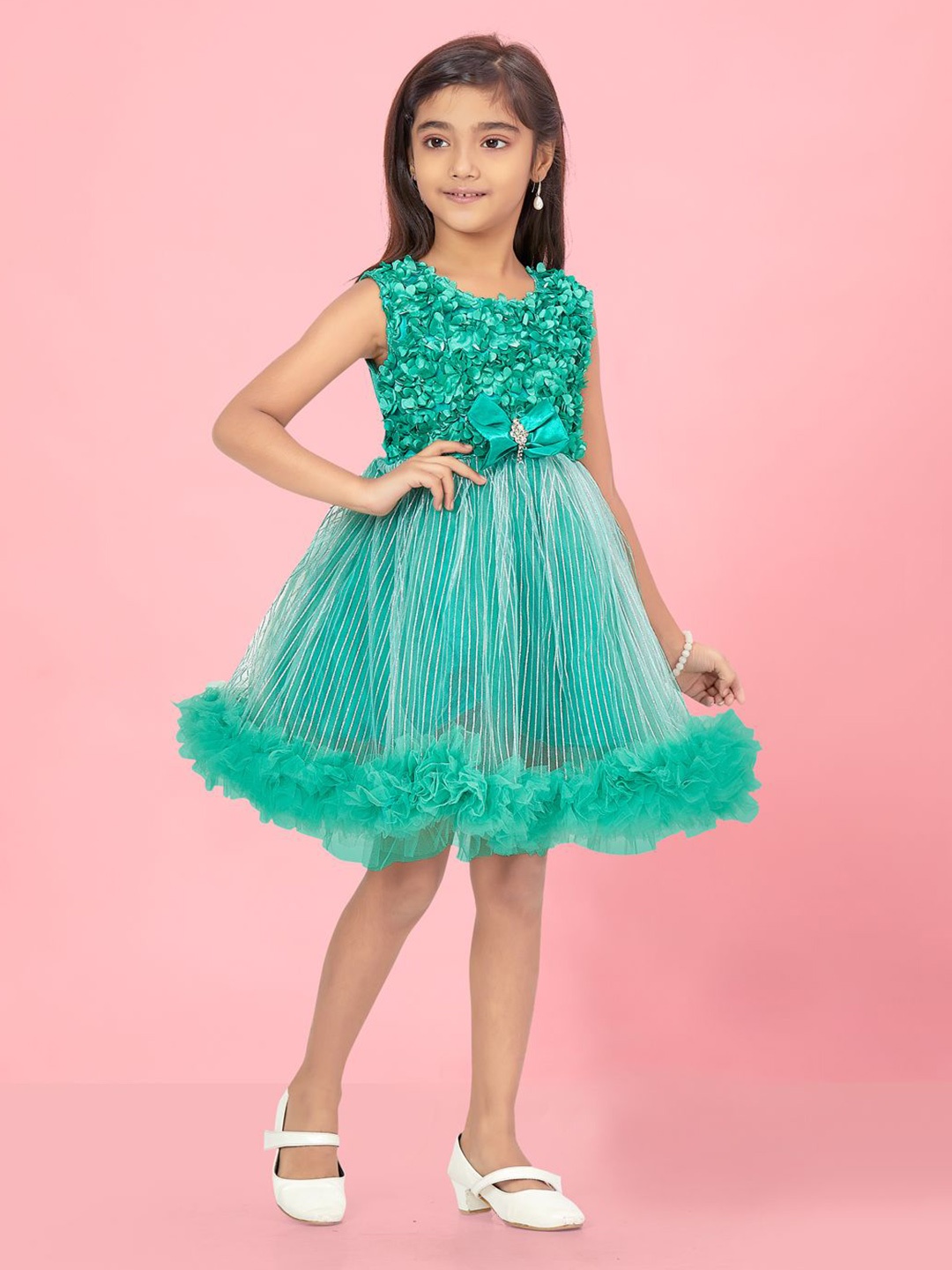 

BAESD Girls Net Embellished Fit & Flare Dress With Bow, Green