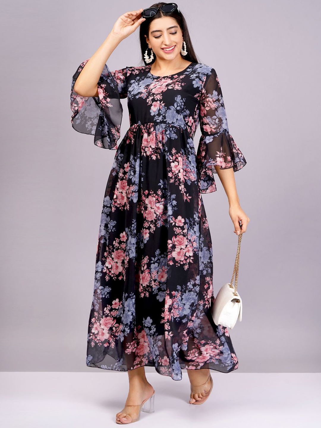 

HIGHLIGHT FASHION EXPORT Floral Print Bell Sleeve Georgette Maxi Dress, Peach