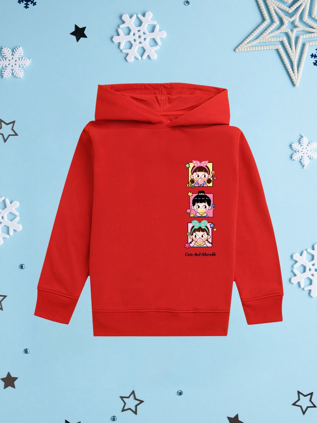 

NUSYL Girls Graphic Printed Hooded Sweatshirt, Red