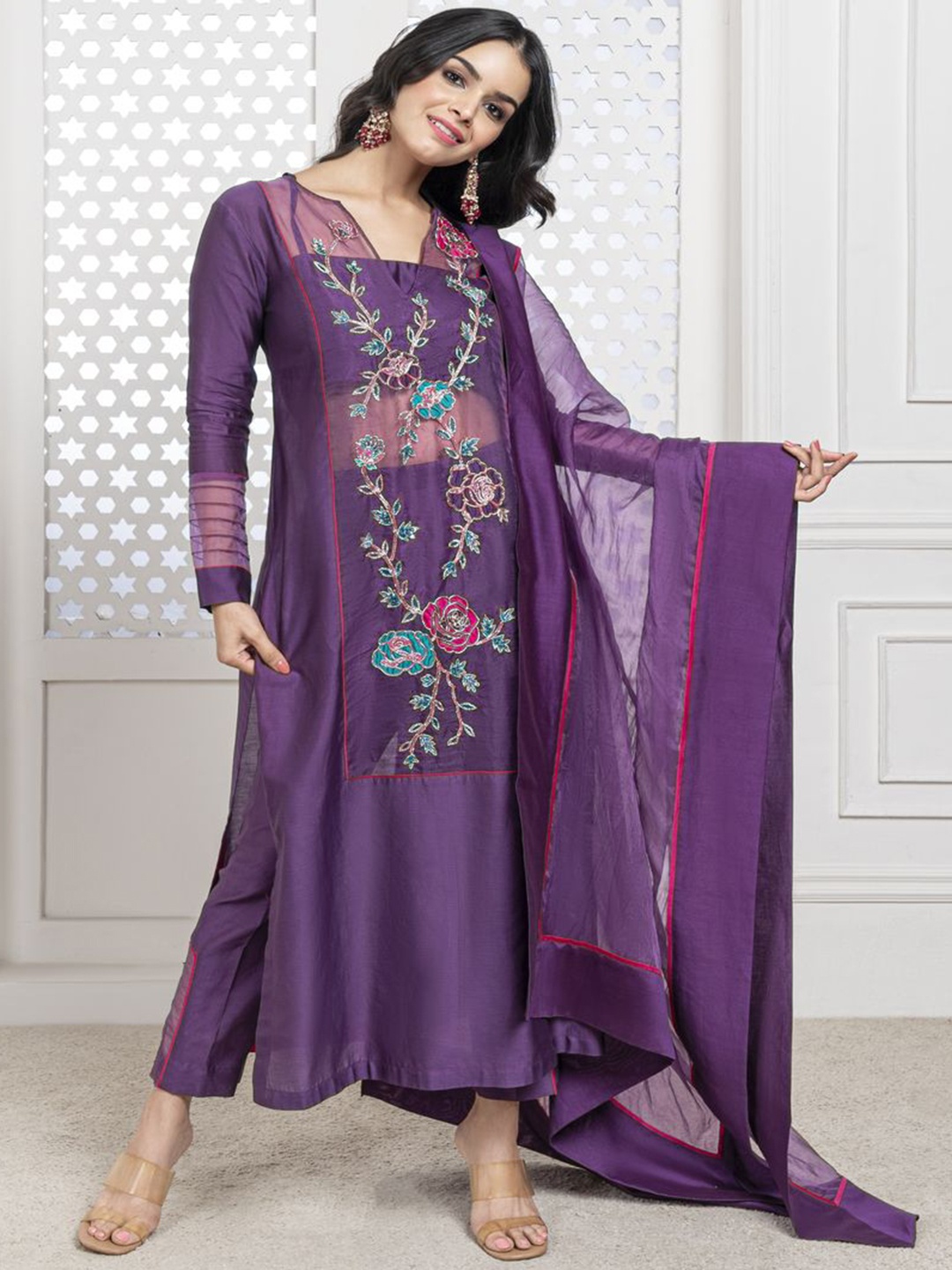 

The Aarya Ethnic Motifs Embroidered Thread Work Straight Kurta With Trousers & Dupatta, Purple