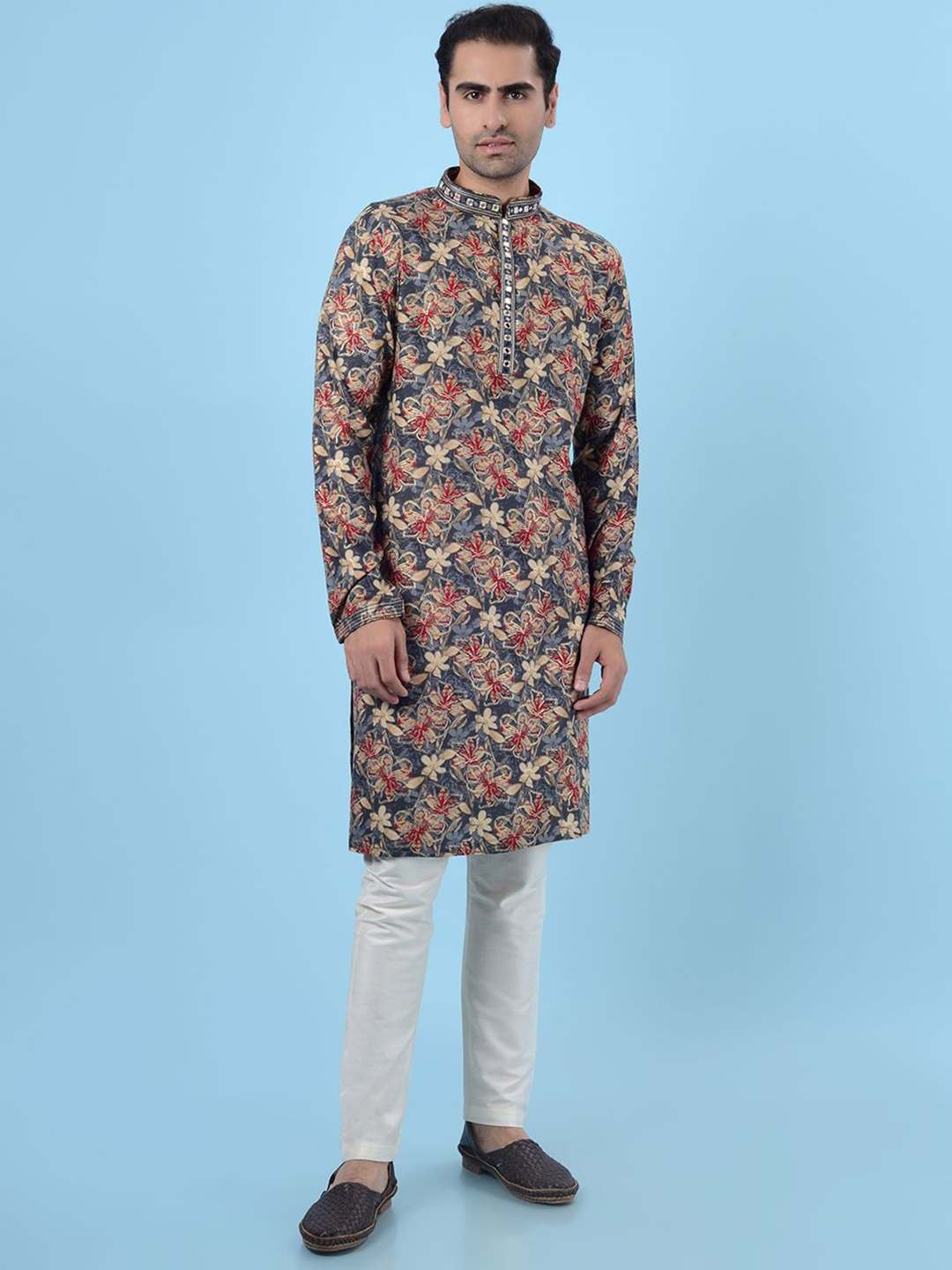 

azania Floral Printed Mirror Work Mandarin Collar Straight Kurta with Pyjamas, Grey