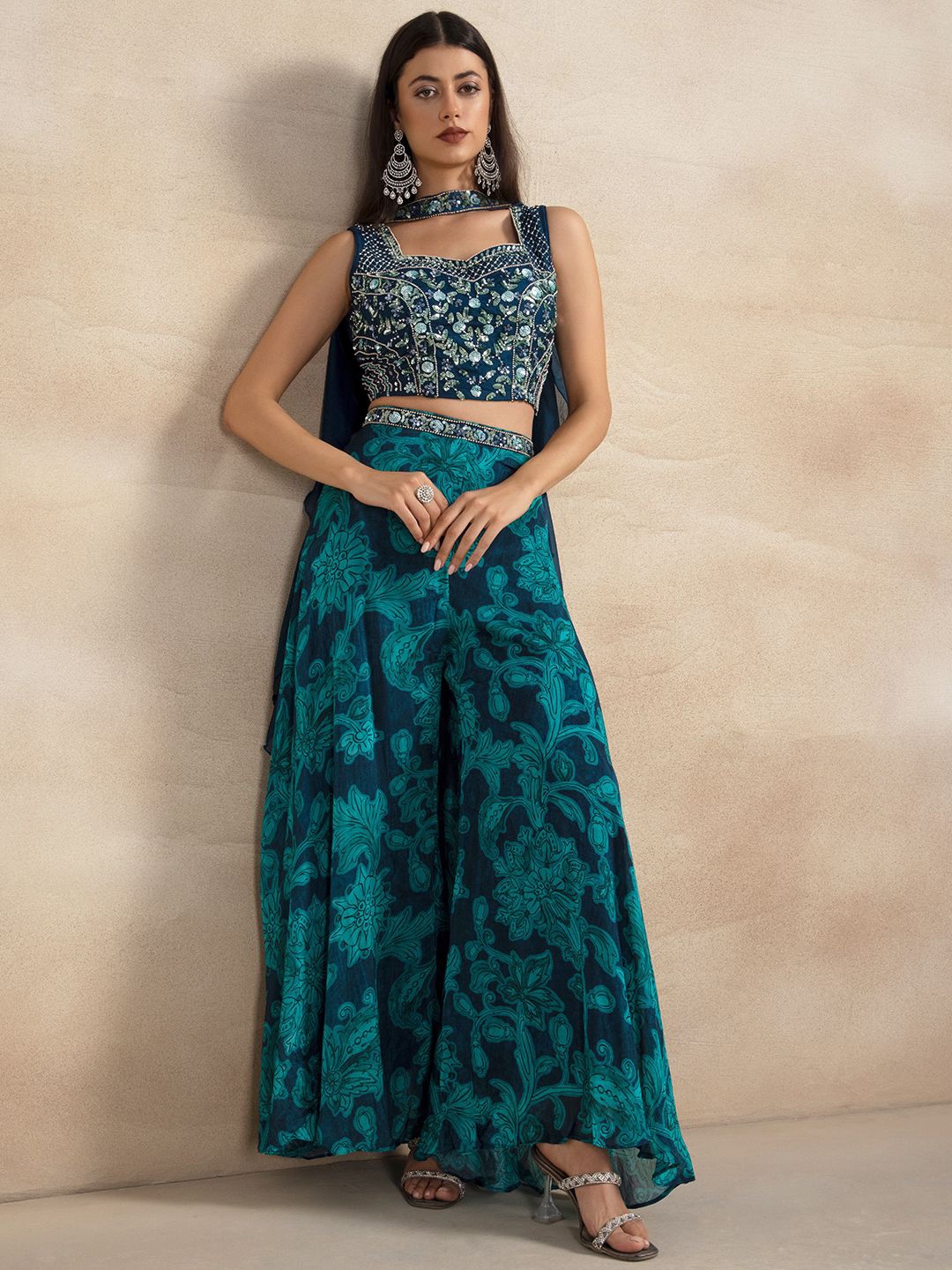 

Rang by Indya Embellished Top With Sharara & Dupatta, Blue