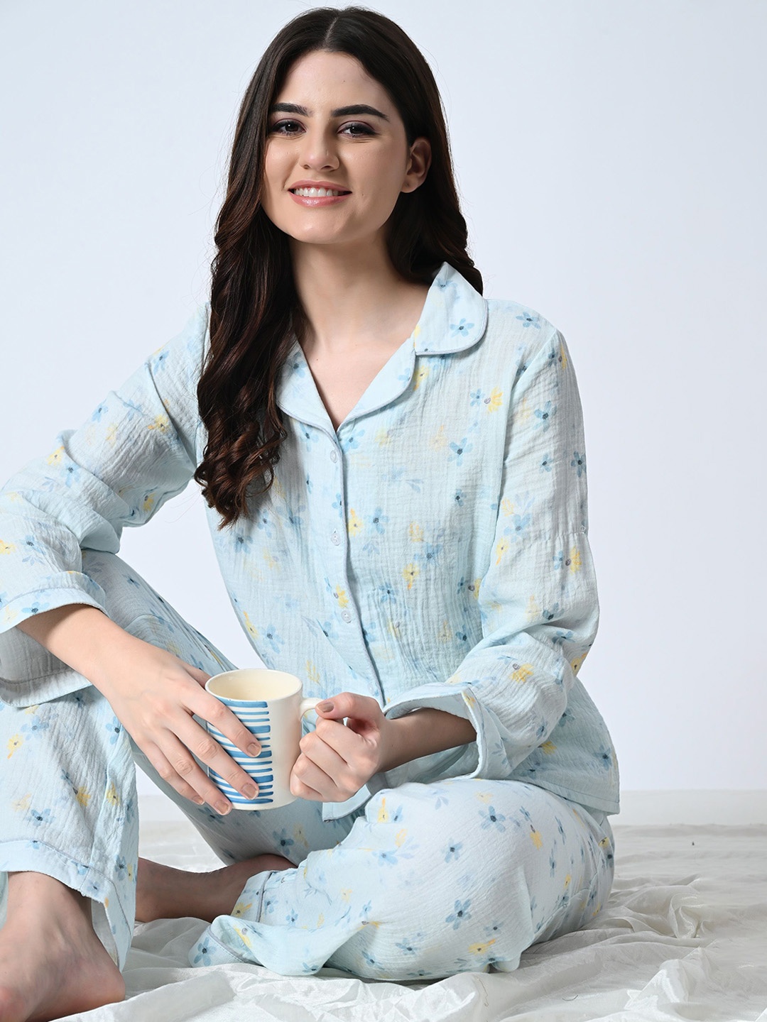 

PANDORNA Women Printed Cotton Shirt and Pyjamas Night suit, Turquoise blue