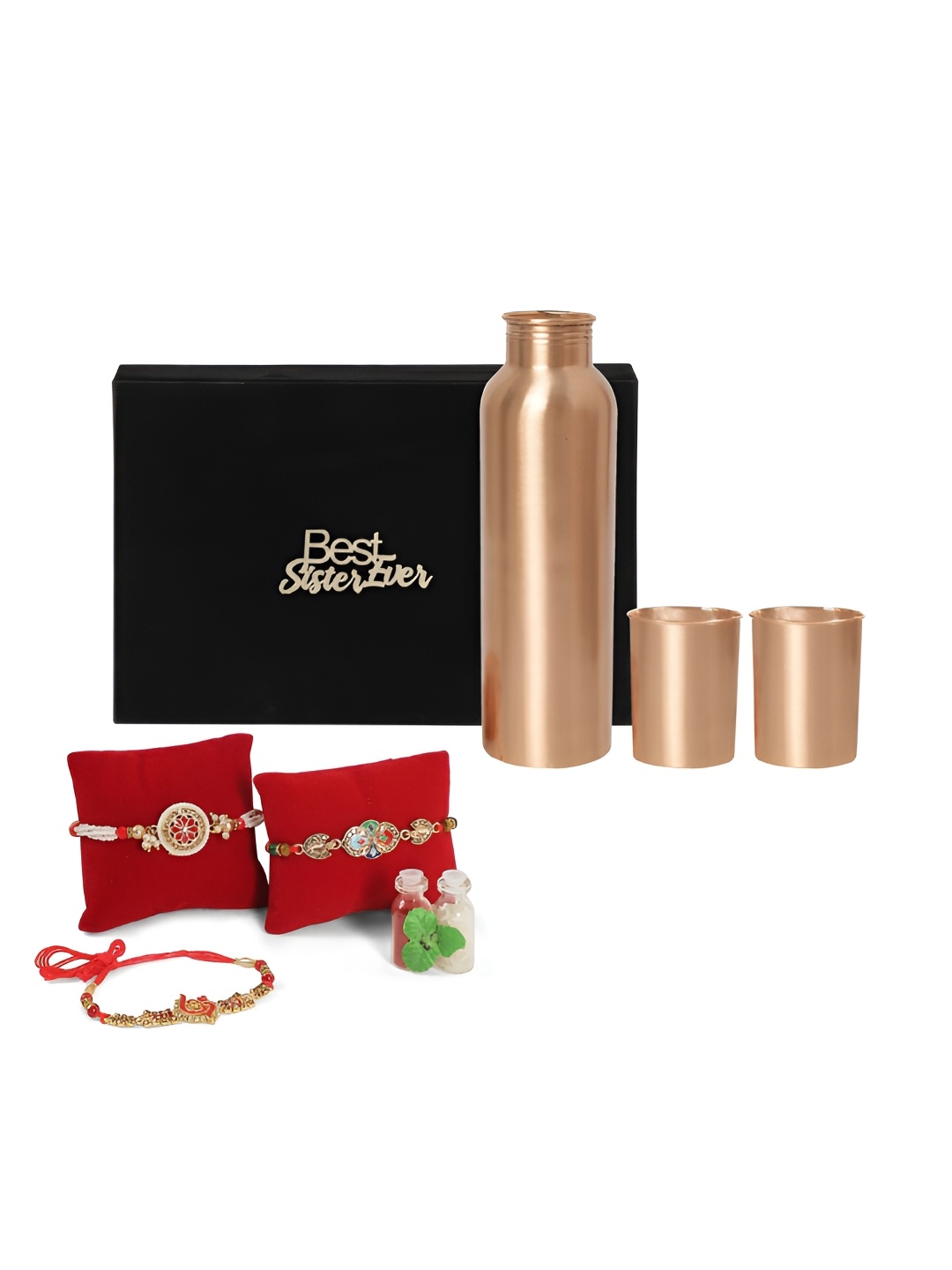 

INTERNATIONAL GIFT Set Of 6 Rakhi With Water Bottle & Glass, Copper