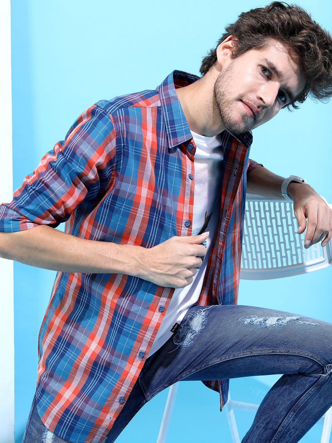 

HIGHLANDER Men Slim Fit Opaque Checked Casual Shirt, Blue