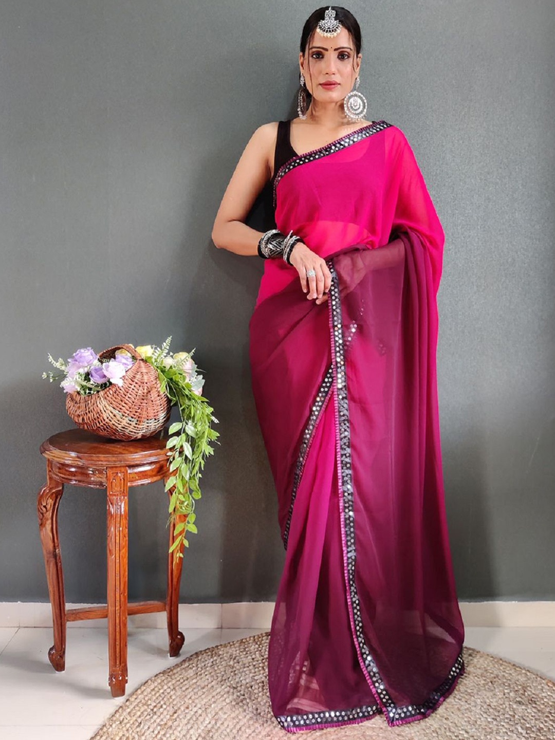 

APNISHA Ombre Sequinned Pure Georgette Ready to Wear Saree, Purple